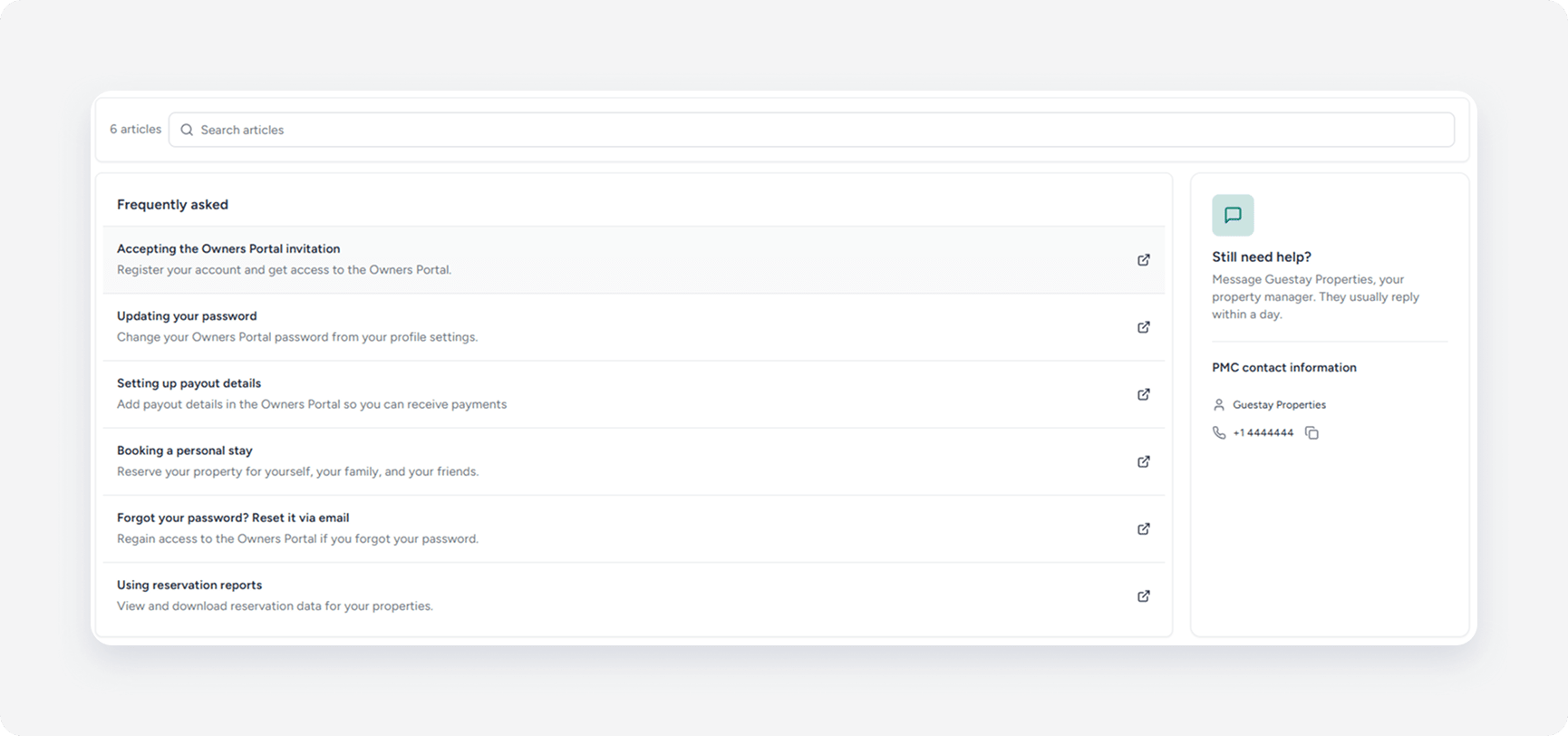 Owners Portal help center and support tab