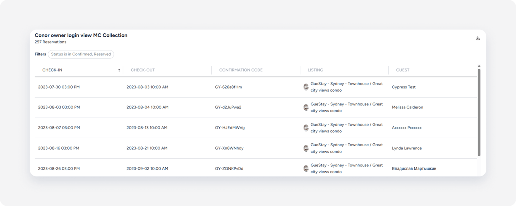 Owners Portal guest reservation tab