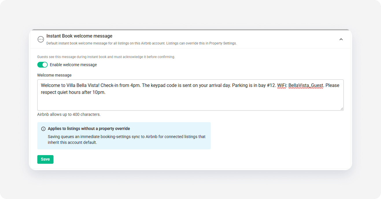 Airbnb channel settings welcome message