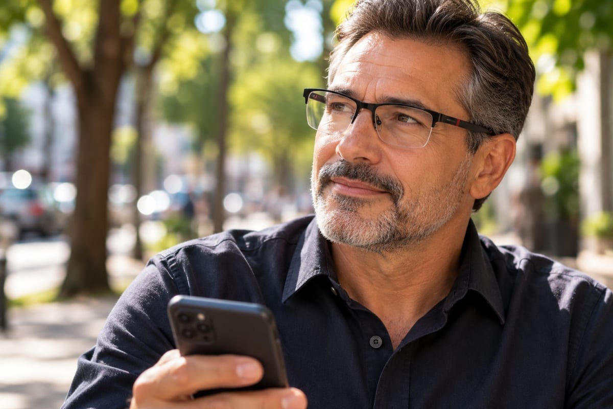 Homem de óculos meio aro olhando o celular na mão numa calçada arborizada