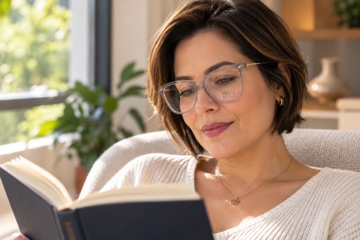 Mulher de rosto oval e cabelo curto usando armação de acetato cristal cinza enquanto lê um livro