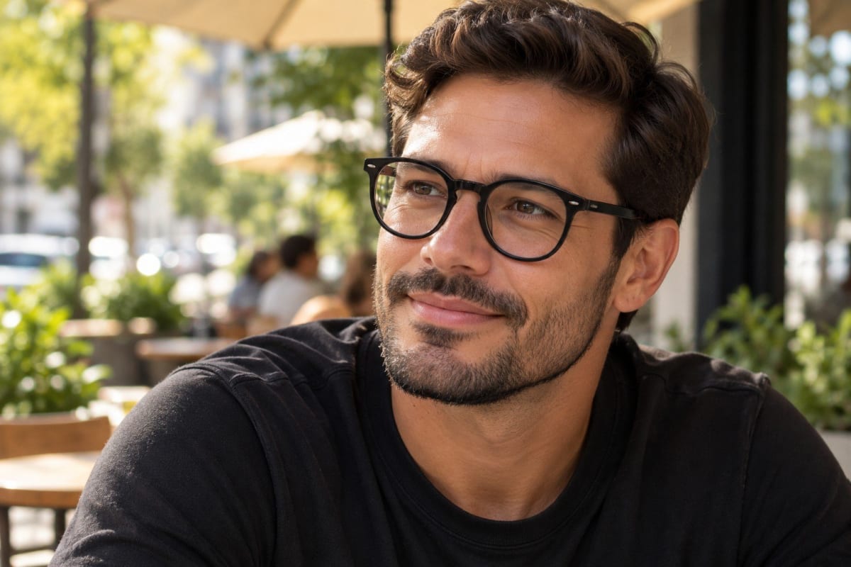 Homem de rosto quadrado e barba curta usando armação redonda preta num café ao ar livre