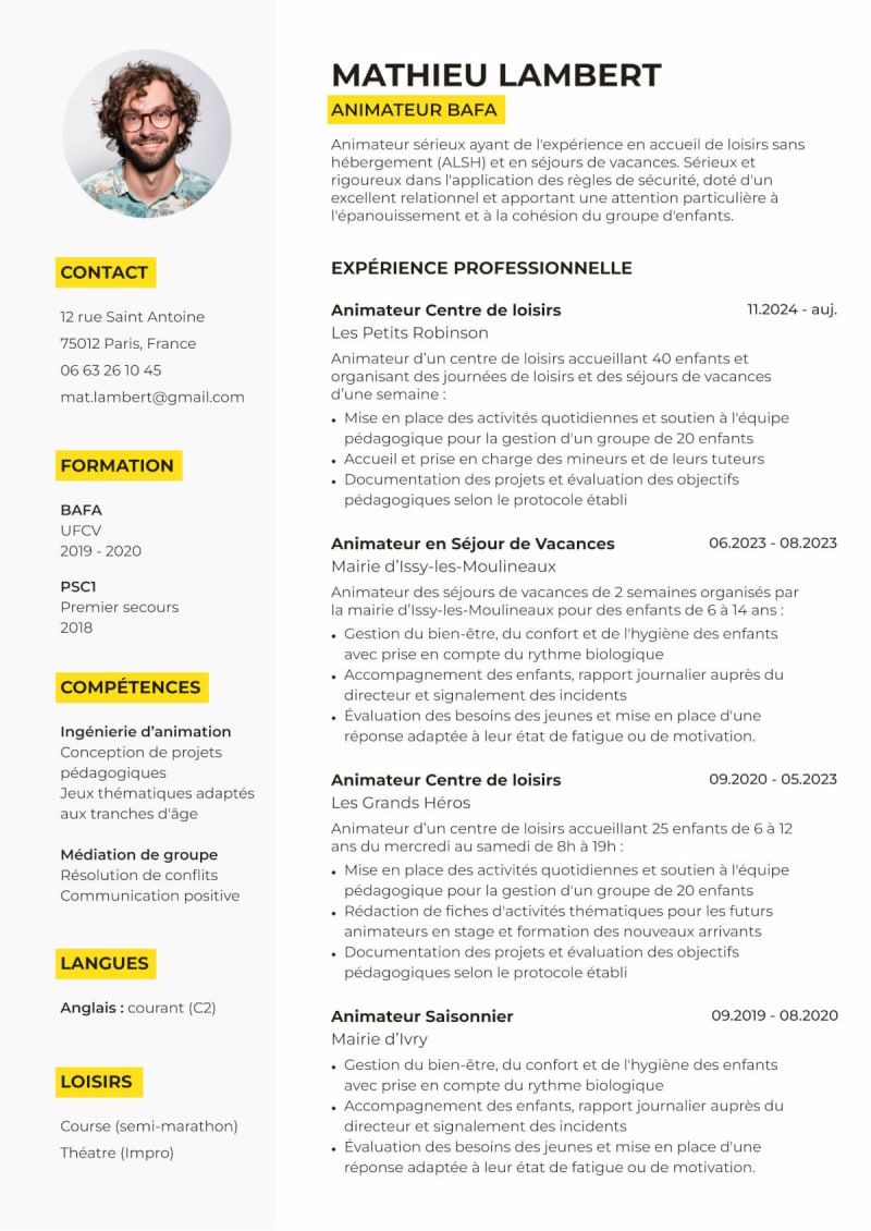 Template - CV Animateur de Centre de Loisirs