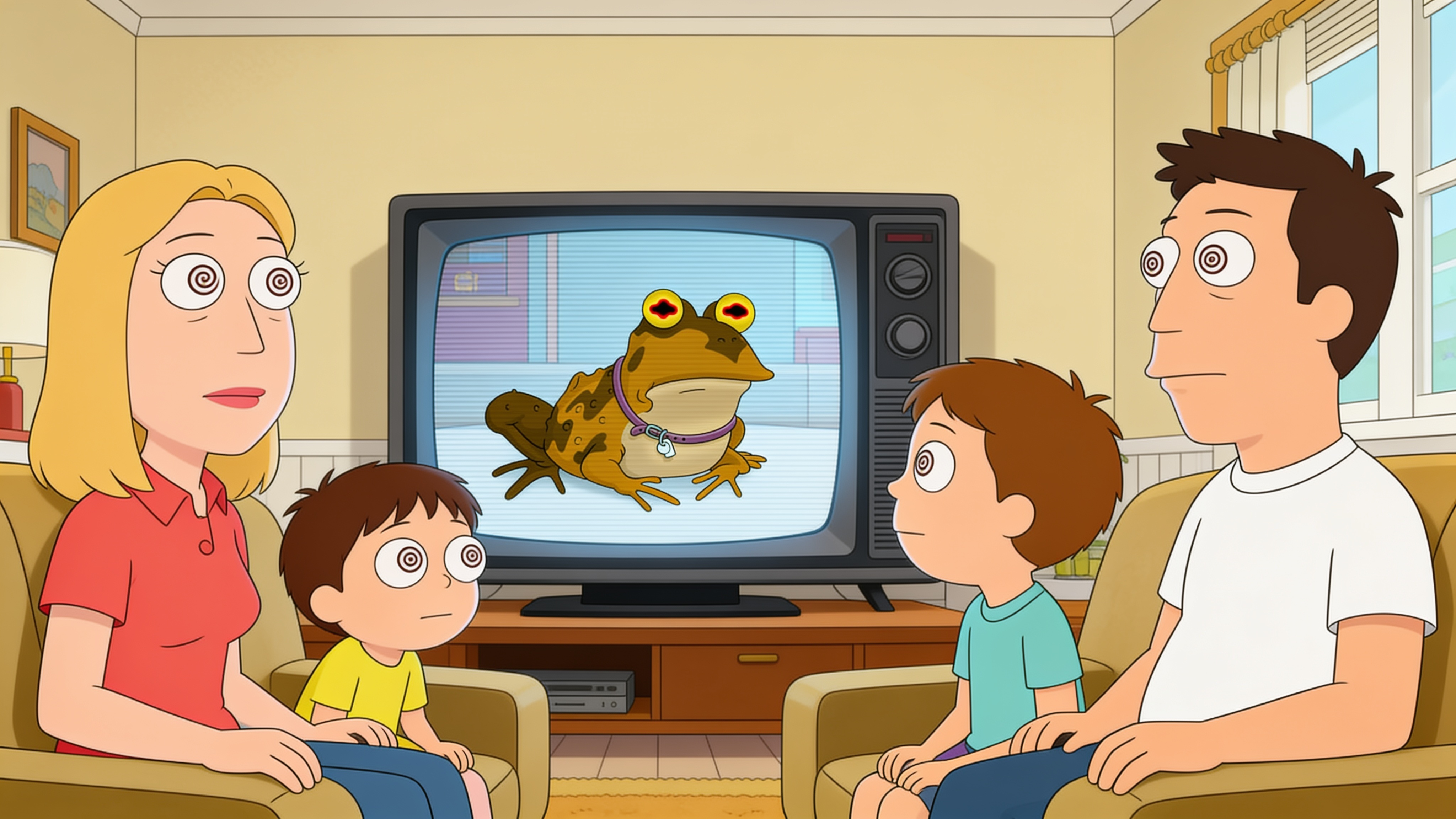 A family watches Everybody Loves Hypnotoad