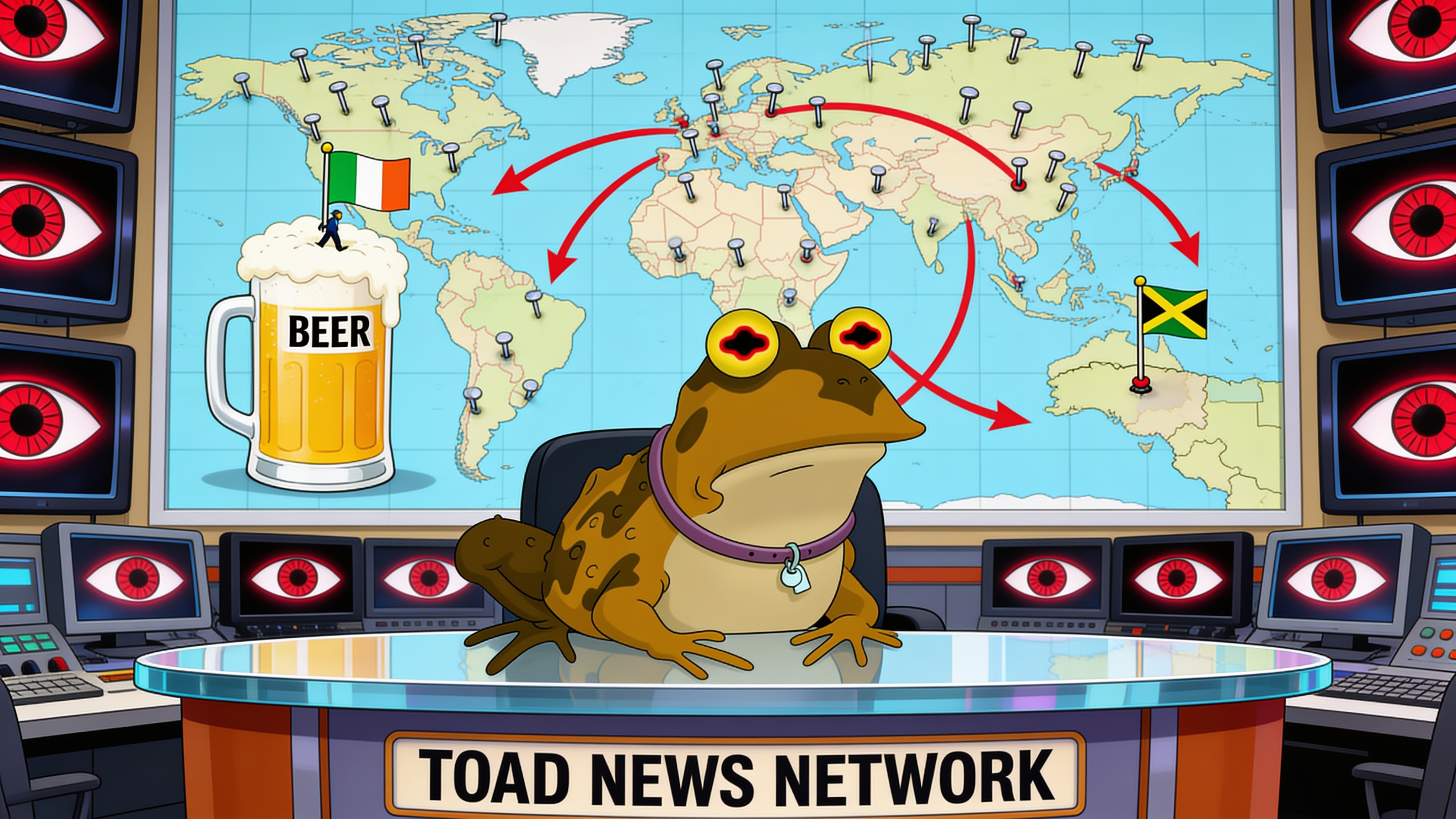 The Toad News Network war desk. The toad is not looking at the Jamaican flag pin.