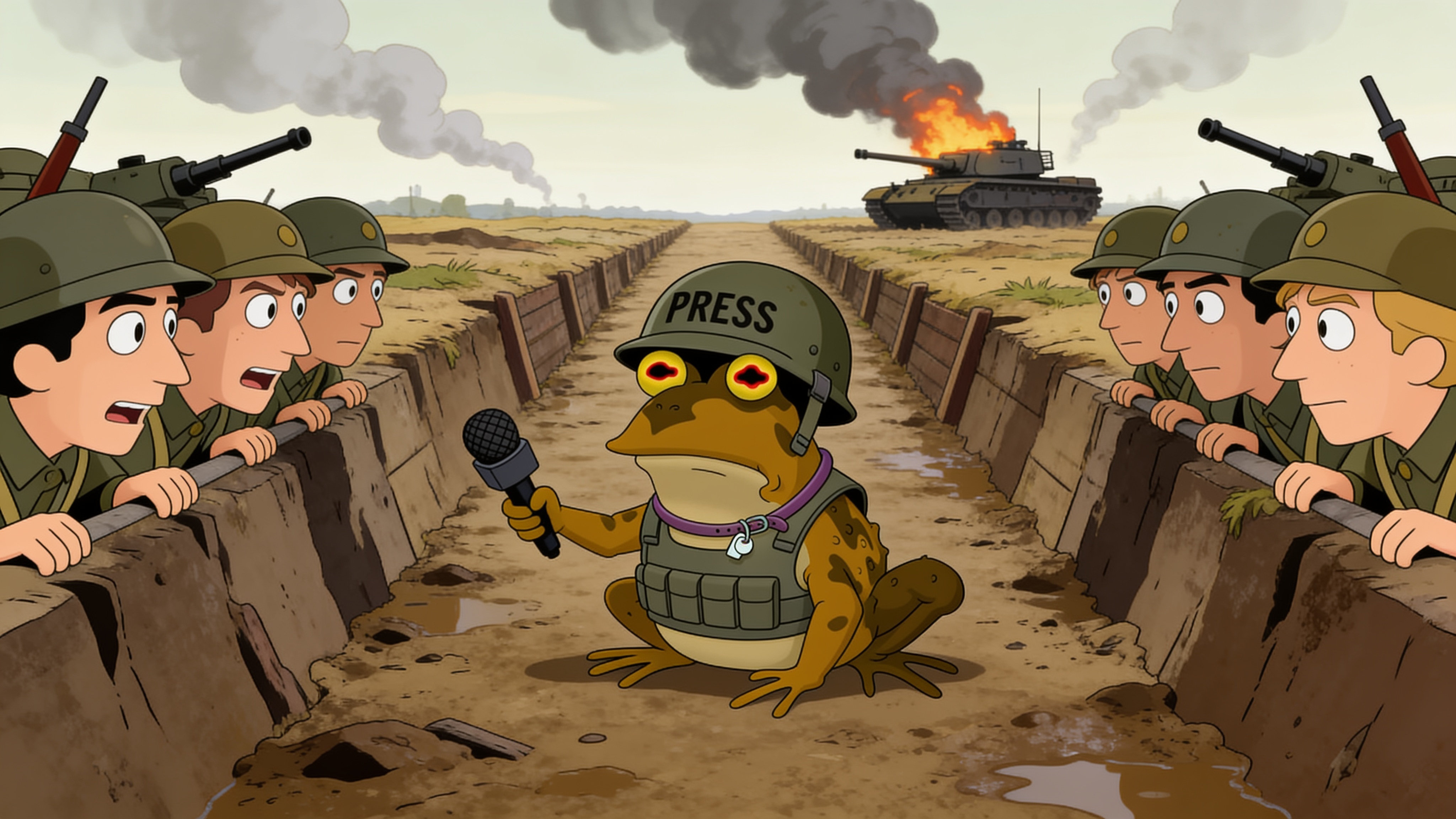 The omni-embedded correspondent interviews both armies at once from no-man's land