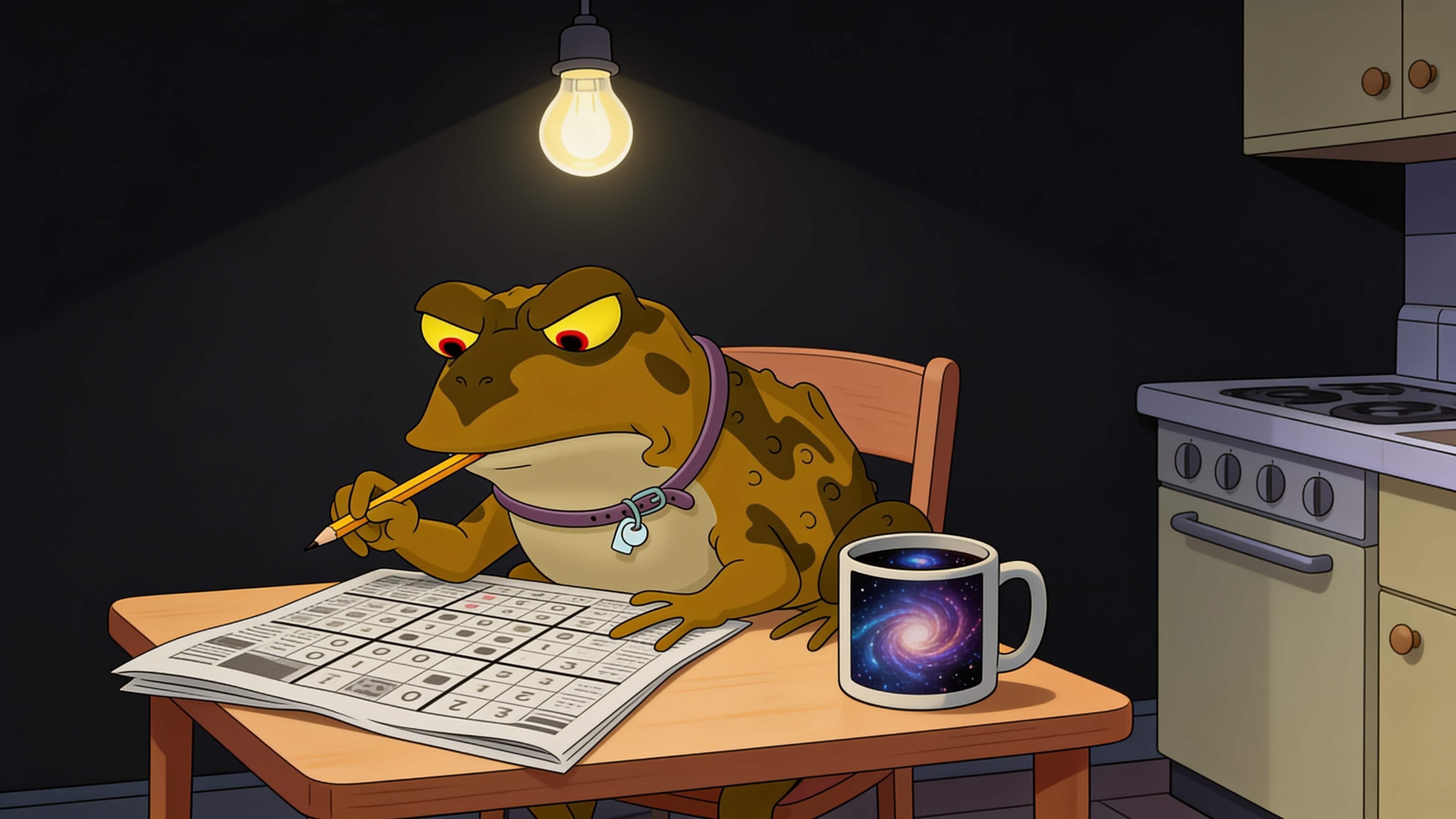 Hypnotoad glaring at a newspaper sudoku at a tiny kitchen table, the universe swirling in a coffee mug beside him