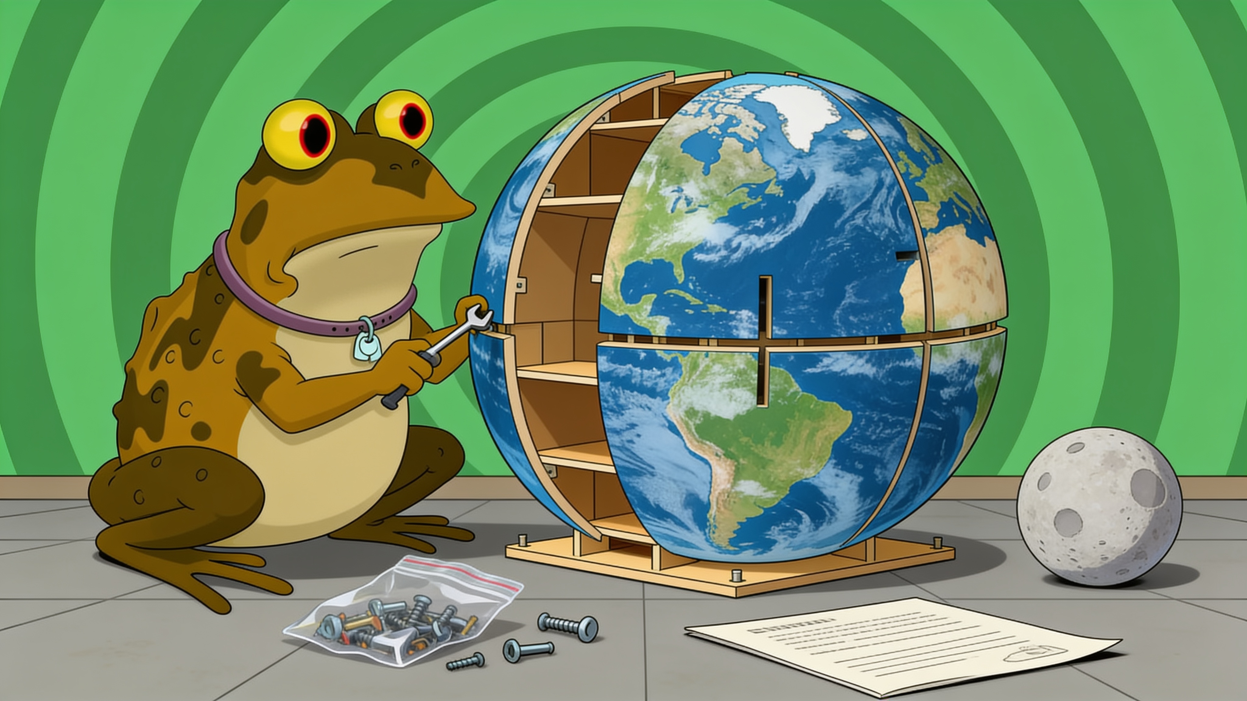 Hypnotoad reassembling planet Earth like flat-pack furniture with a spare moon, a bag of leftover screws, and an unread instruction sheet
