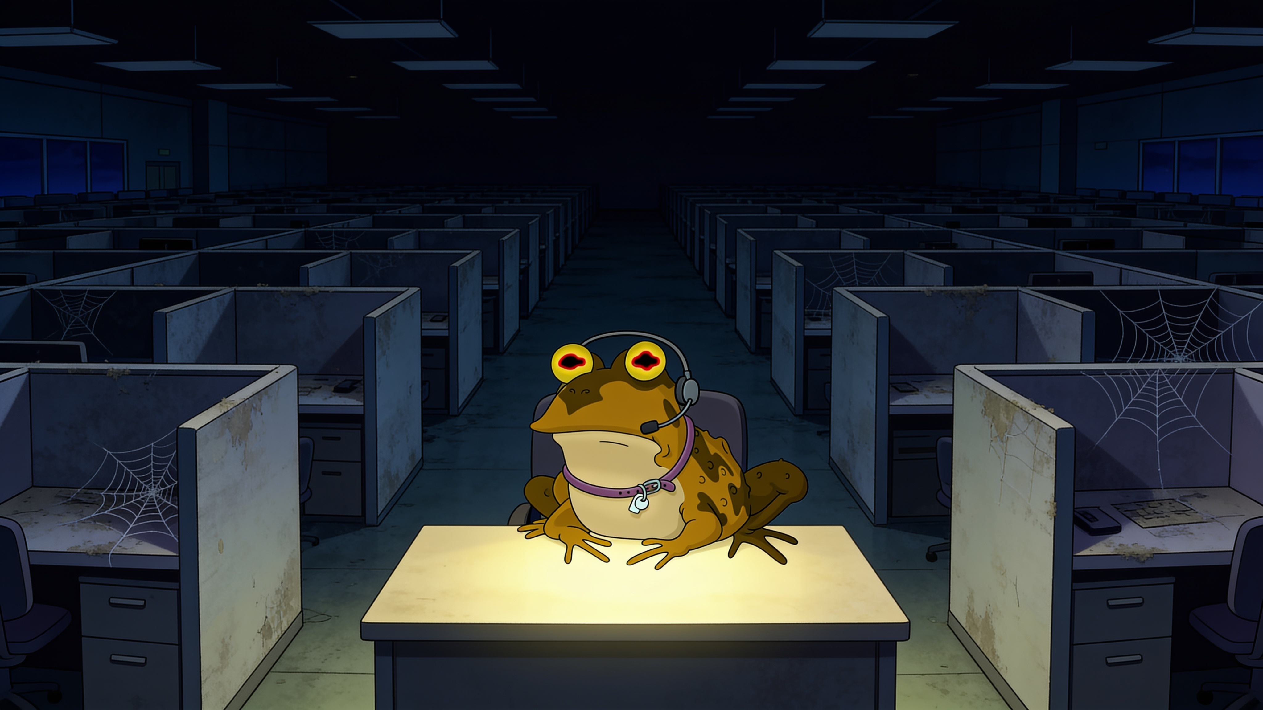 Hypnotoad wearing a headset at the only lit desk in a vast, empty, cobwebbed call center