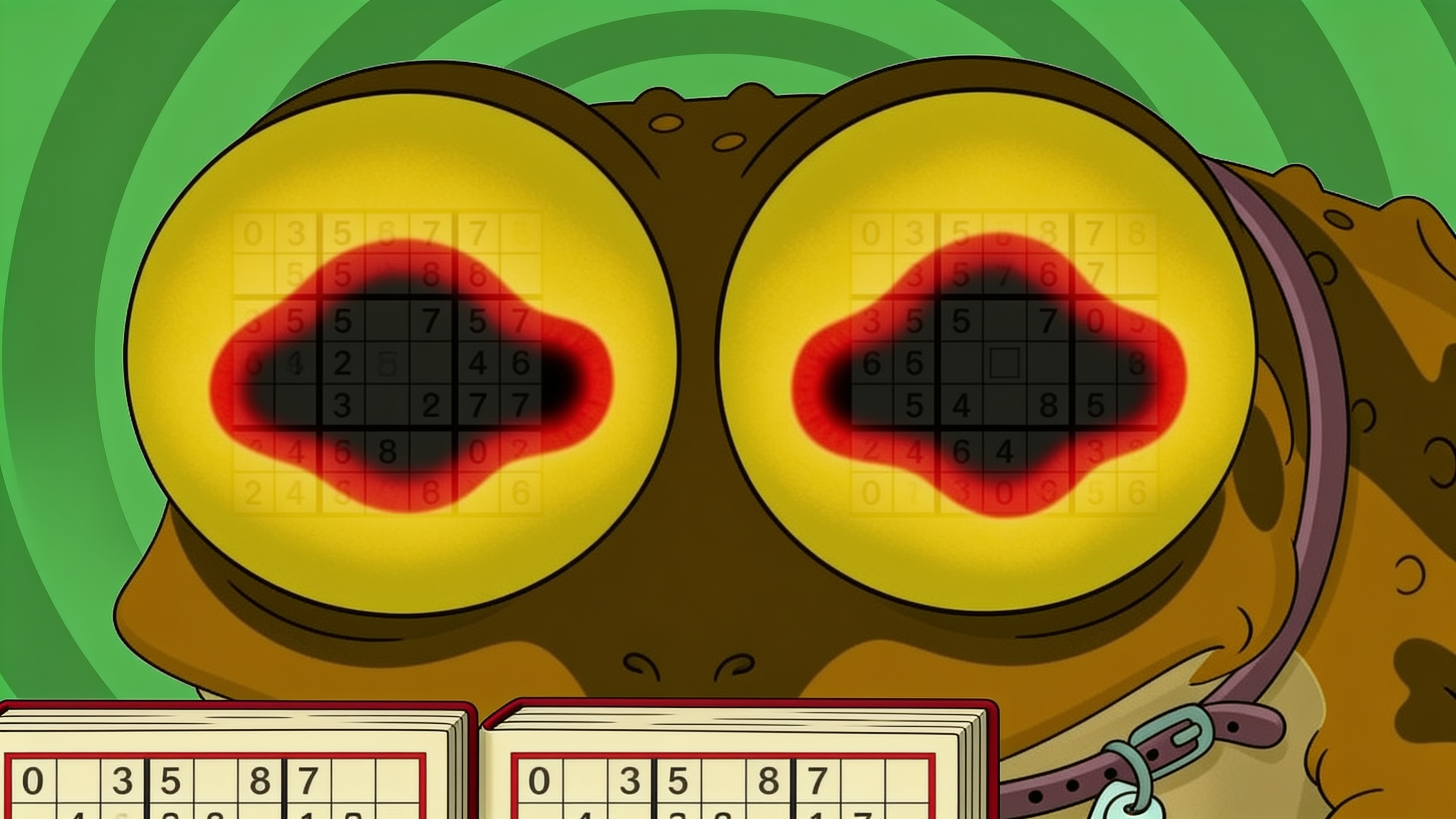 Extreme close-up of Hypnotoad's hypnotic eyes with sudoku grids reflected in each pupil, a second sudoku book waiting below