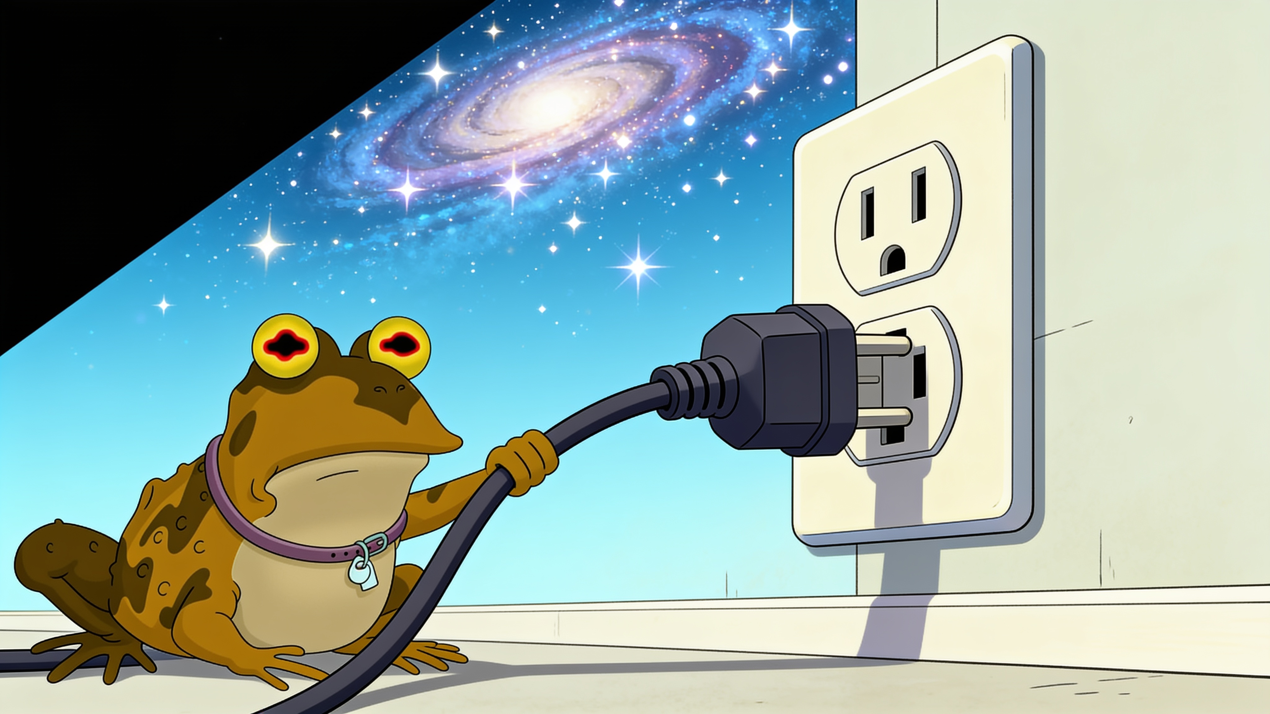 Hypnotoad serenely unplugging the universe from a giant wall socket, half the sky of stars already gone dark