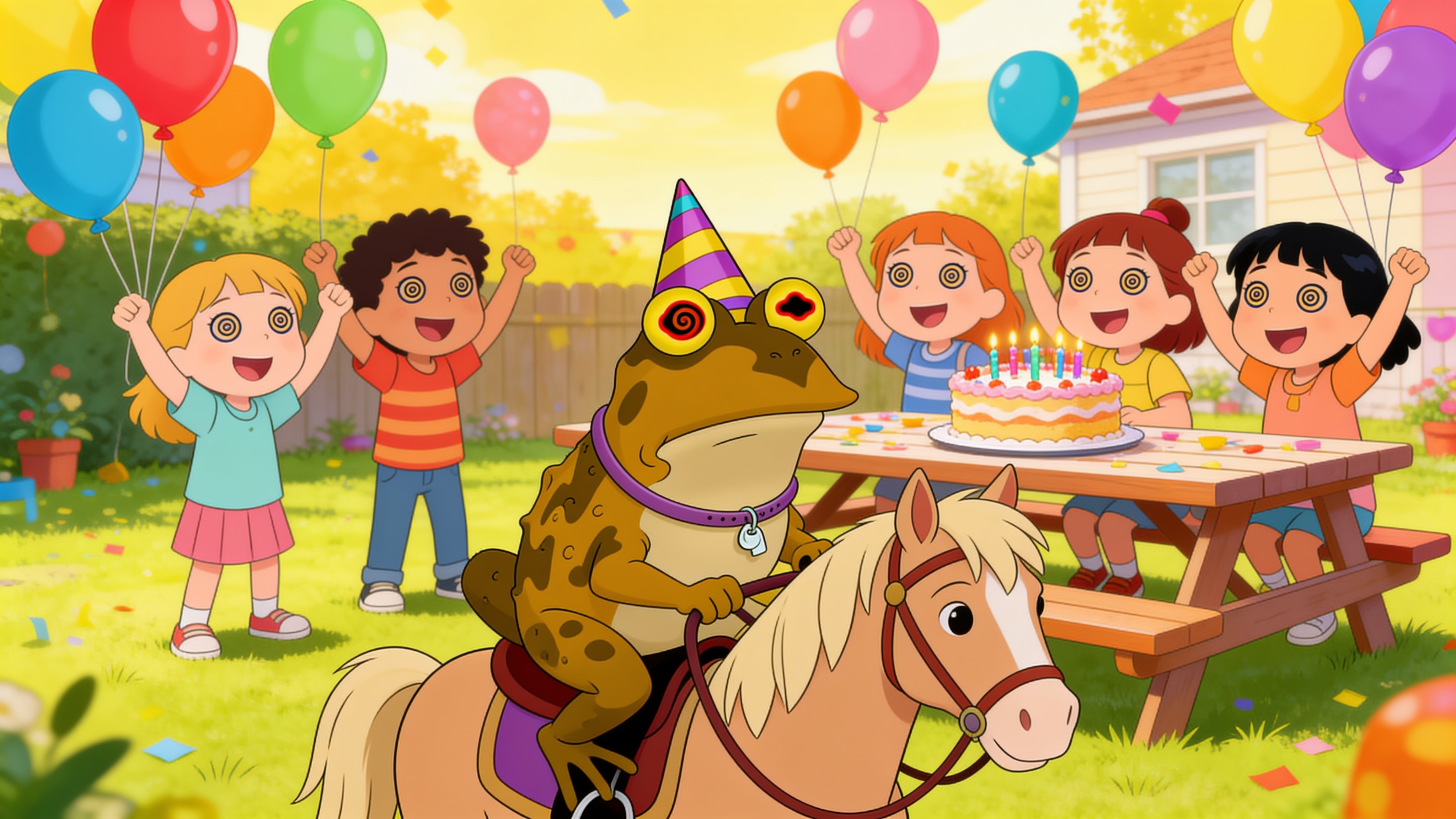 Hypnotoad in a party hat riding a pony at a children's birthday party while hypnotized children cheer