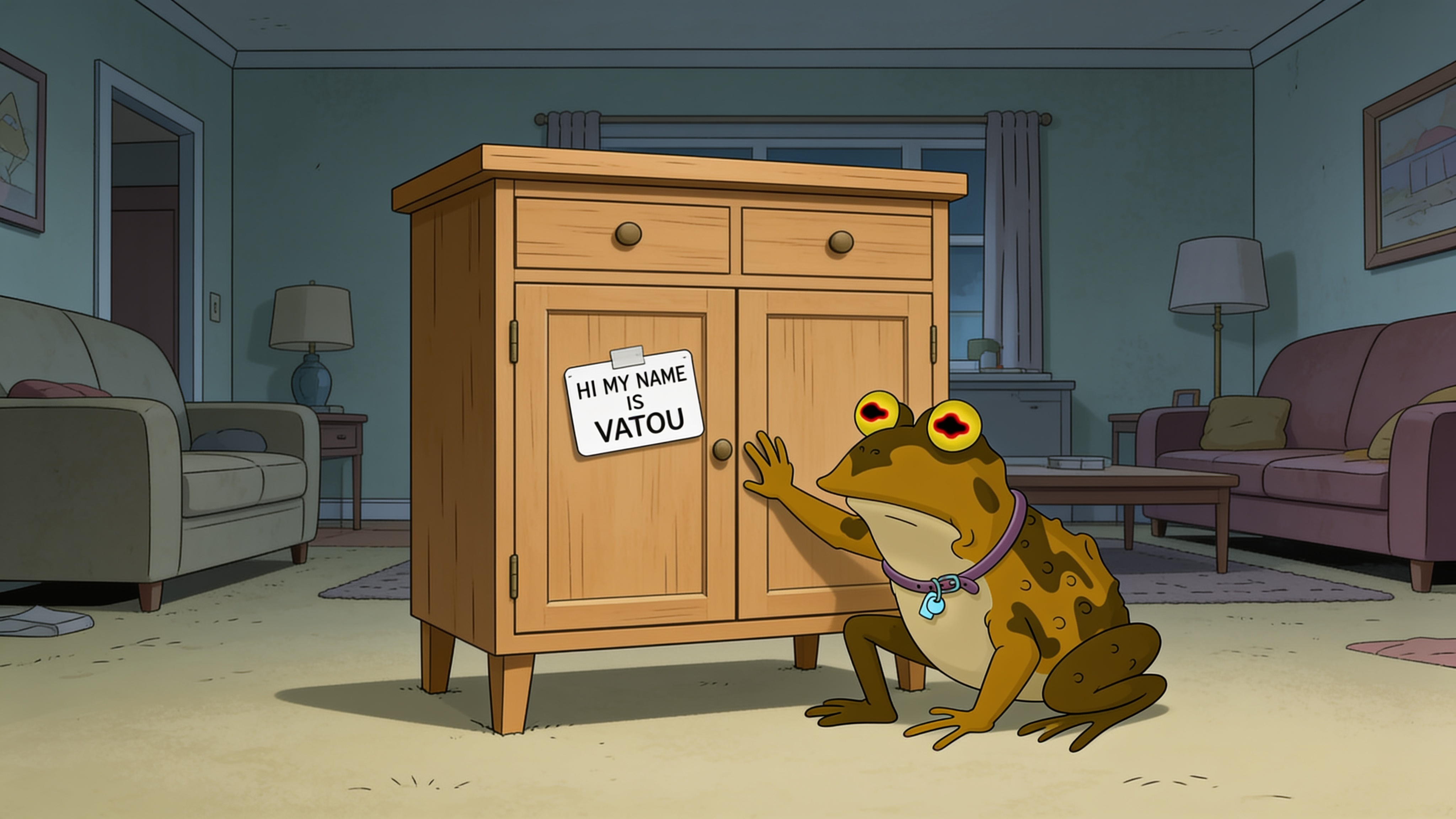 Hypnotoad comfortingly patting a wooden cabinet wearing a name tag that reads HI MY NAME IS VATOU