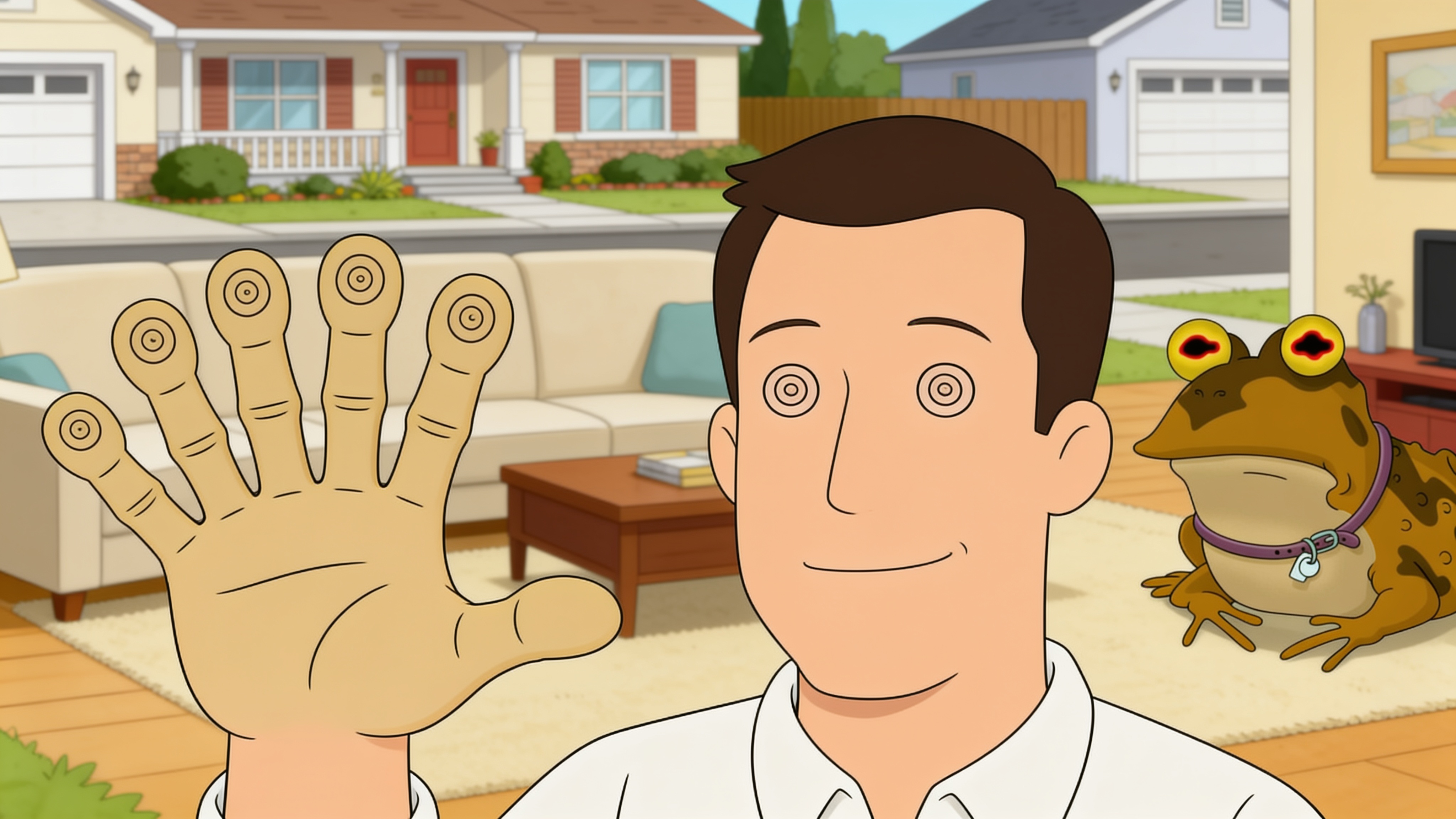 A serenely smiling hypnotized man holding up an absurdly wide hand with seven fingers while Hypnotoad watches approvingly