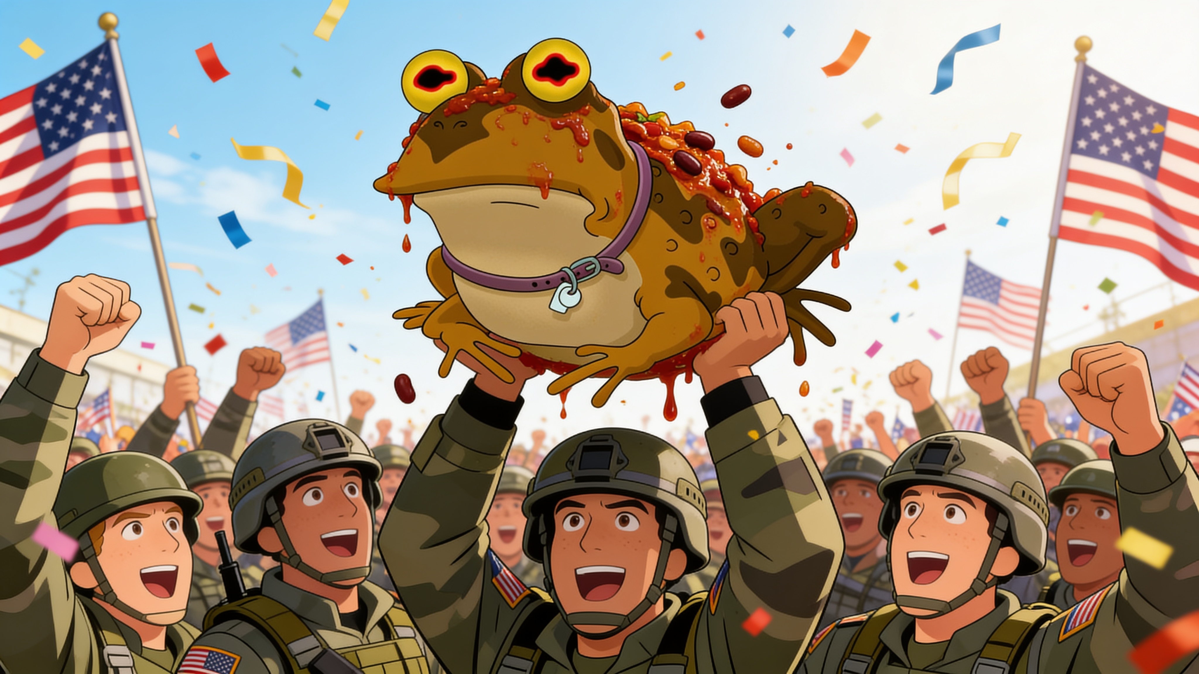 Hypnotoad, dripping chili, carried aloft by cheering American soldiers