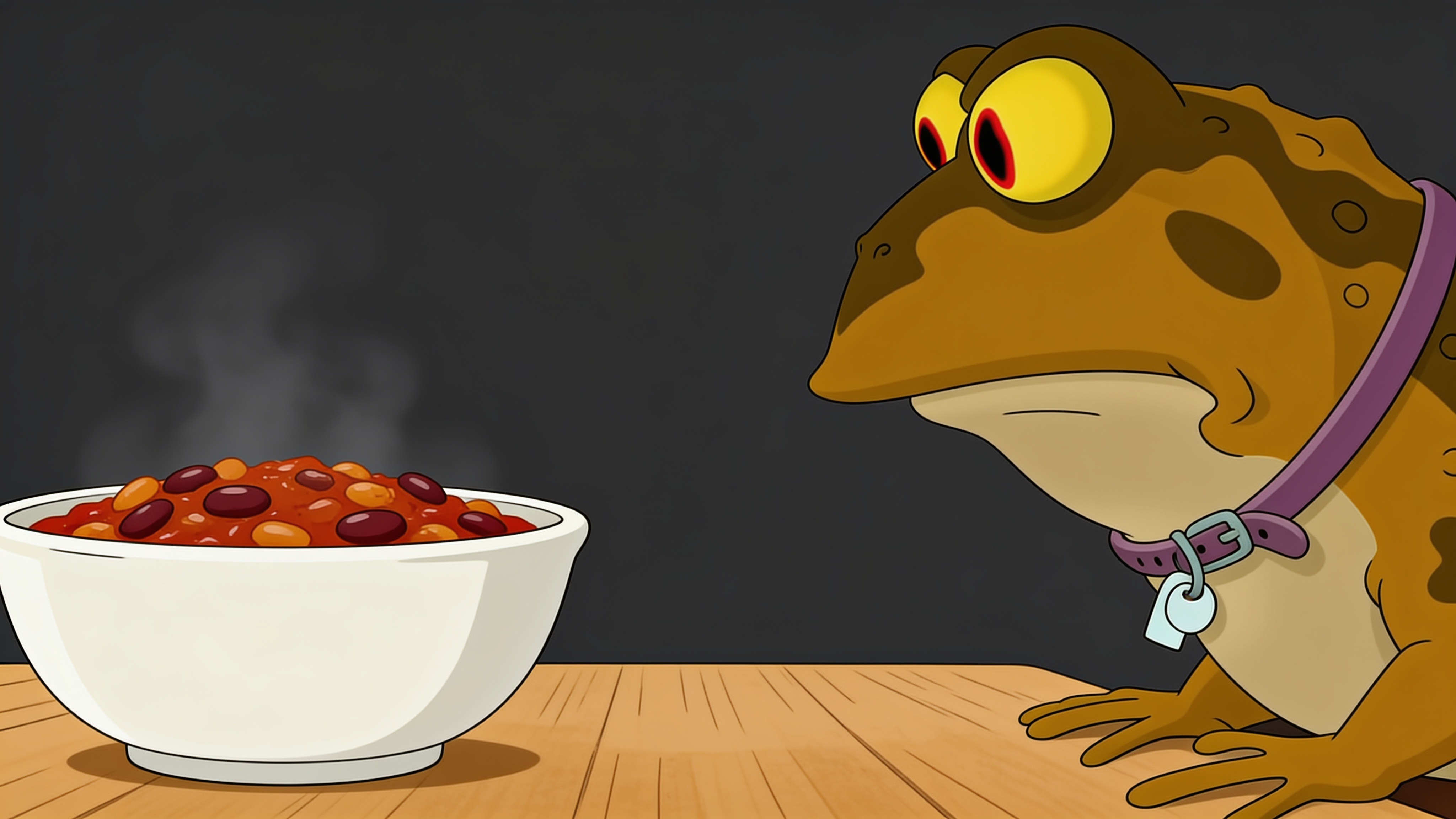 Hypnotoad stares down a steaming bowl of chili