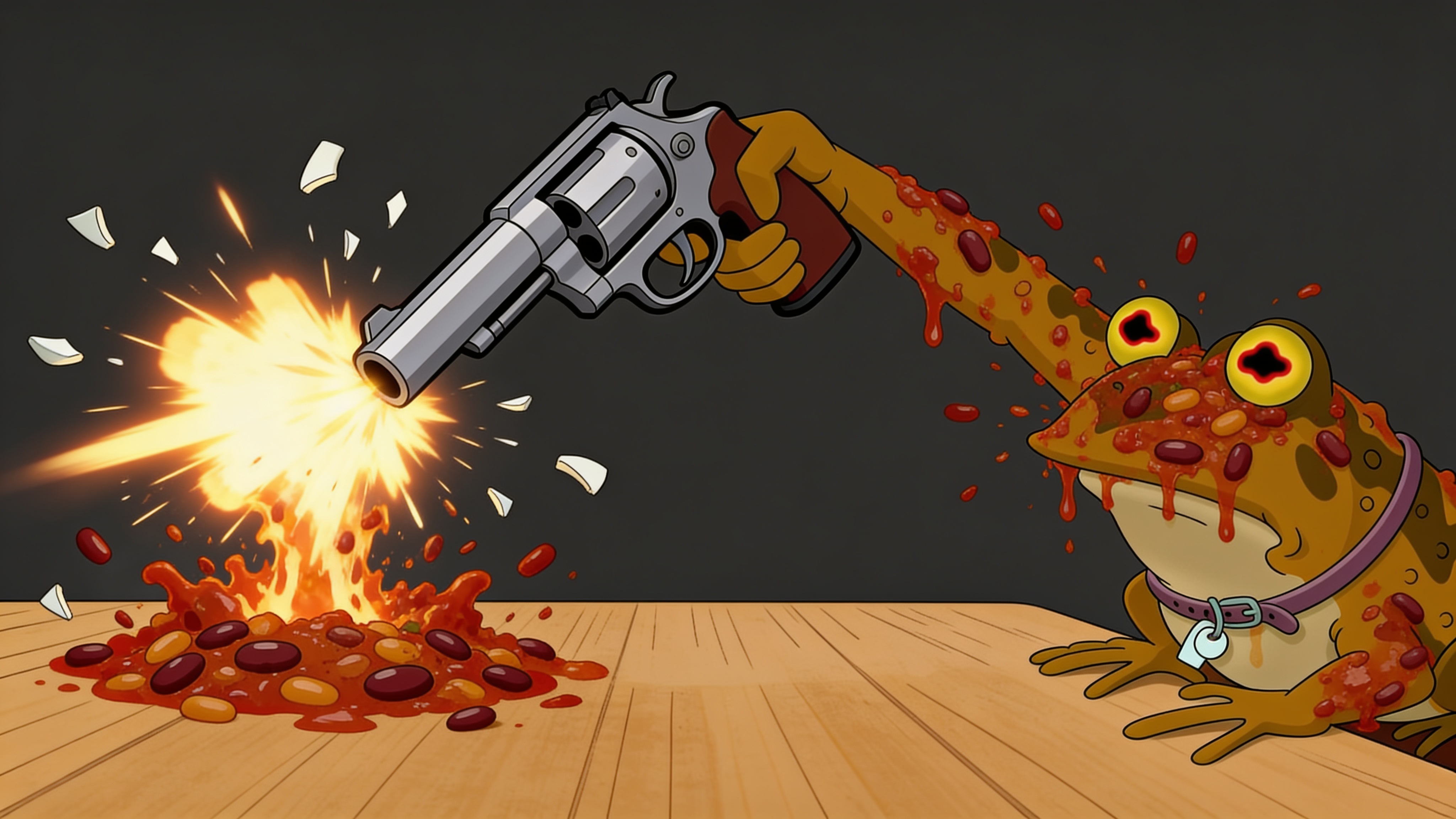 BANG. The bowl explodes. Chili everywhere, including on Hypnotoad.