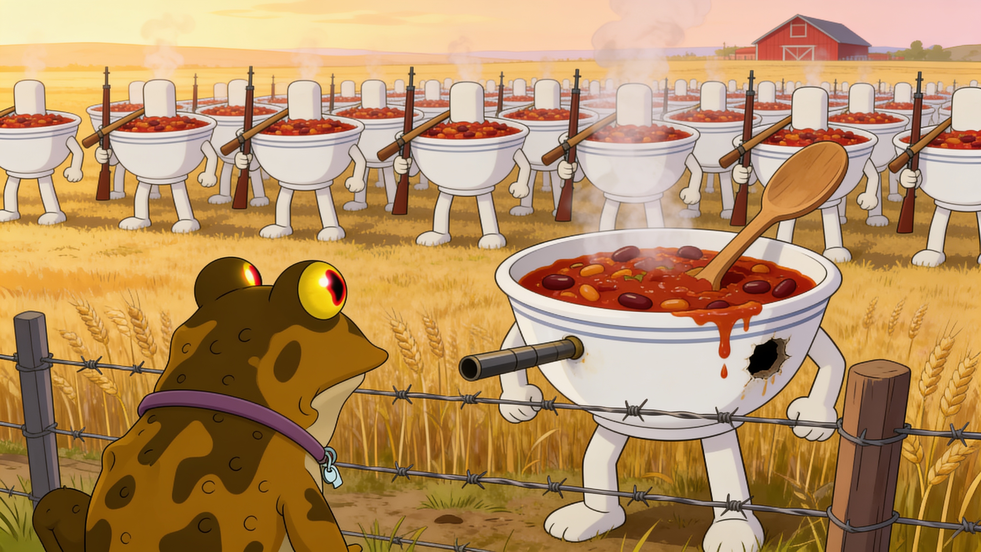 Four hundred chili bowls at the fence line. The front one has a bullet hole.