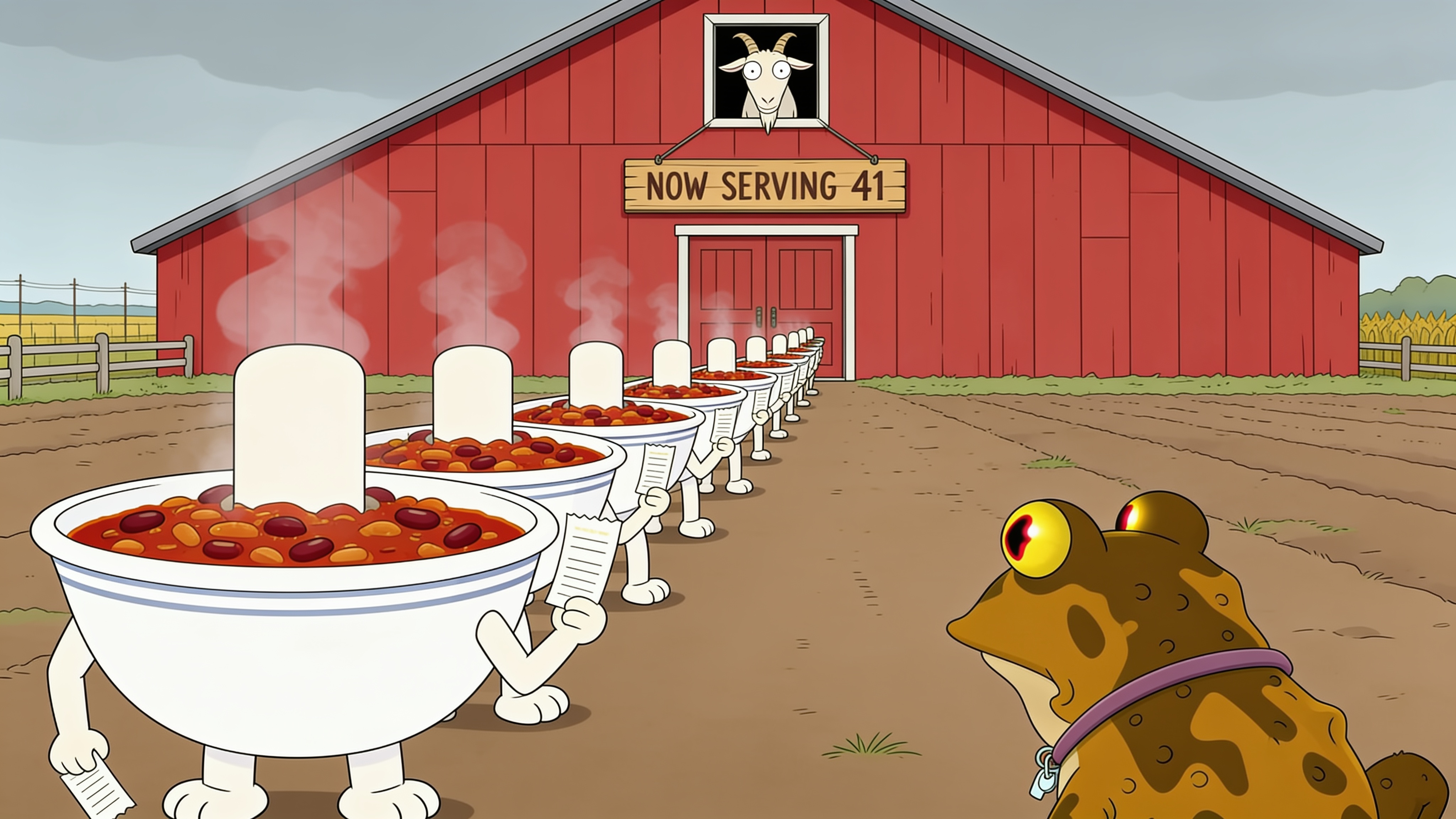 An orderly line of chili bowls outside the barn. NOW SERVING 41.