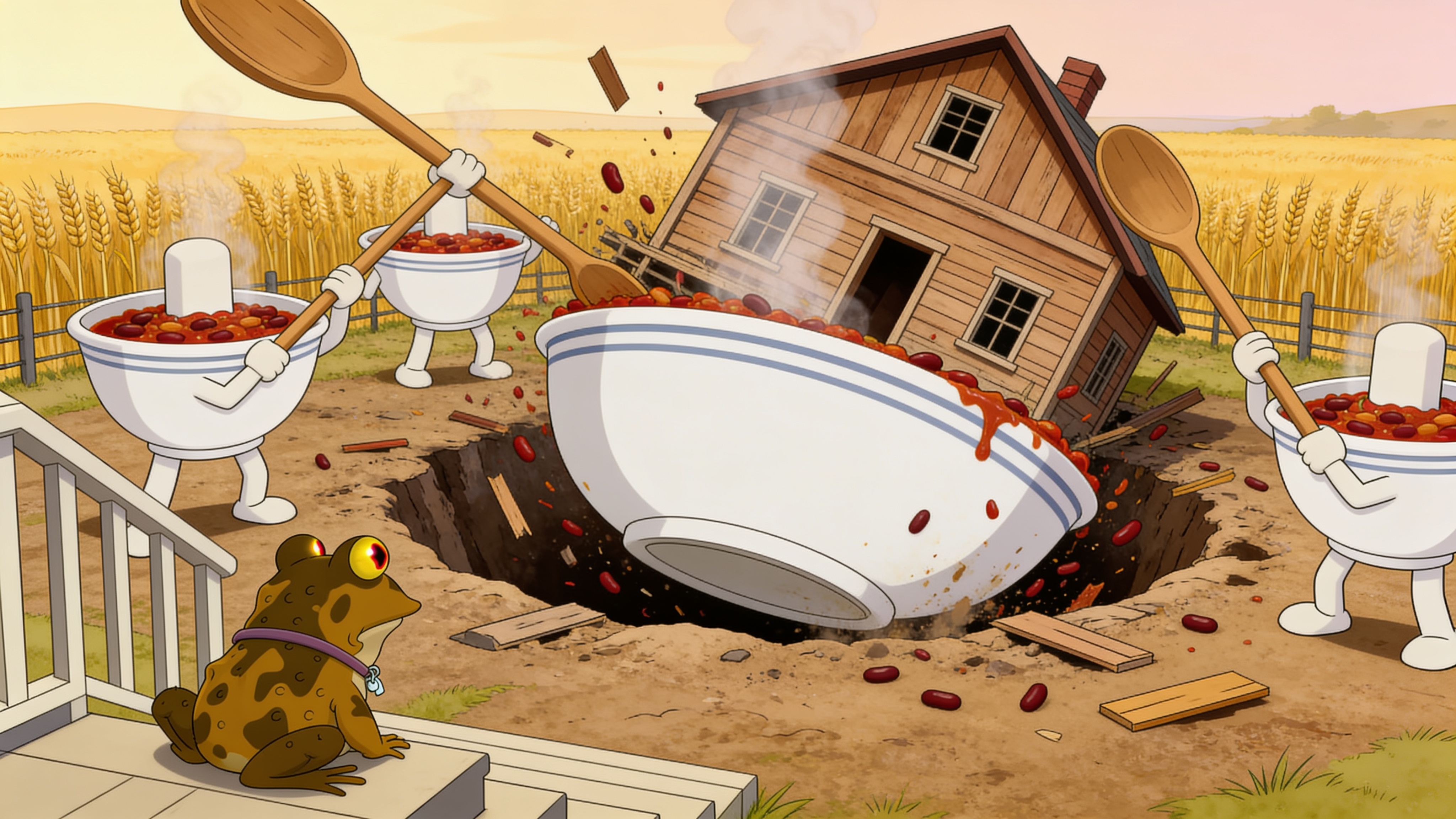 The bowls ladle the farmhouse out of the ground.