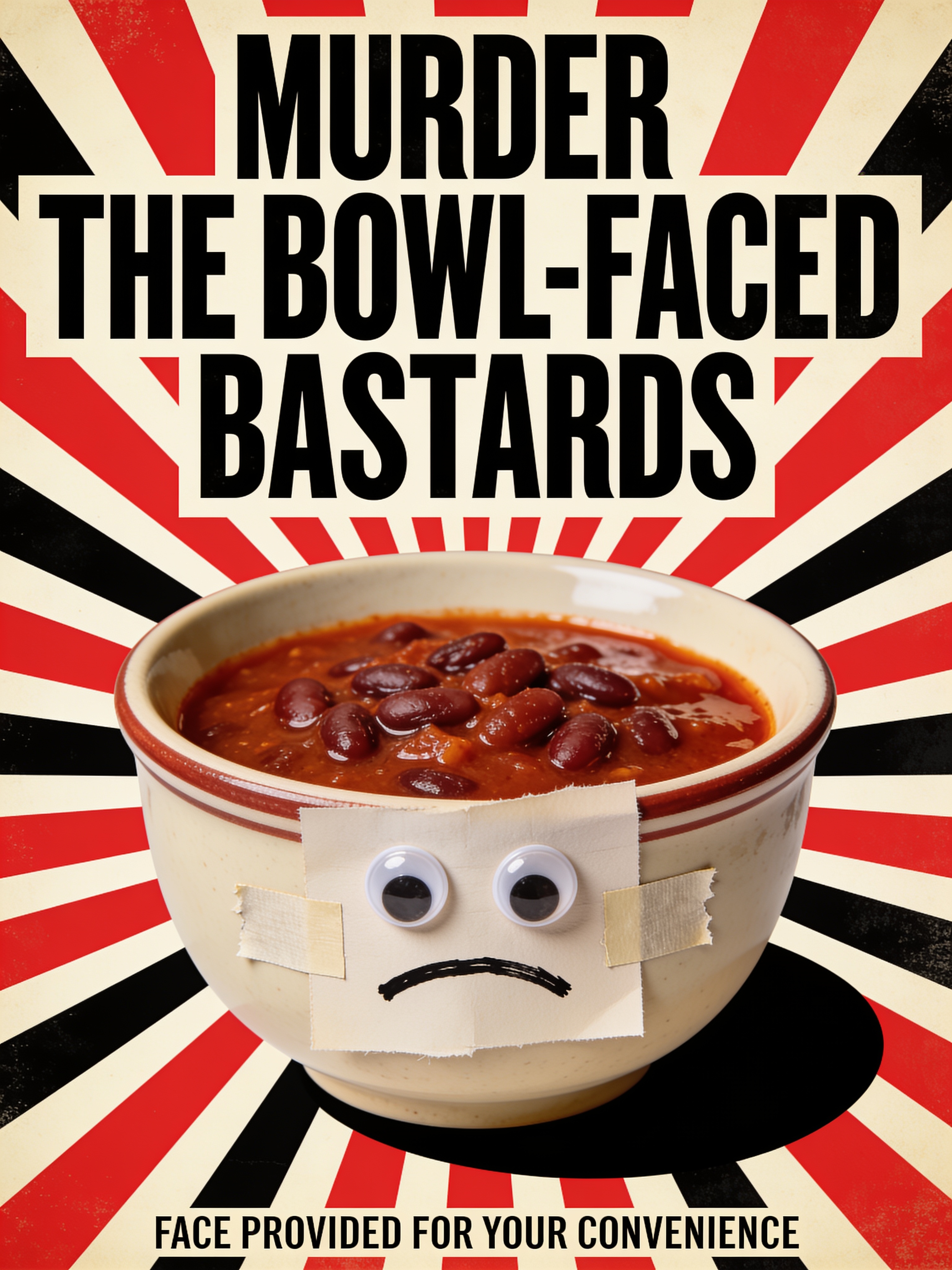 A bowl of chili with a paper face taped on. Face provided for your convenience.
