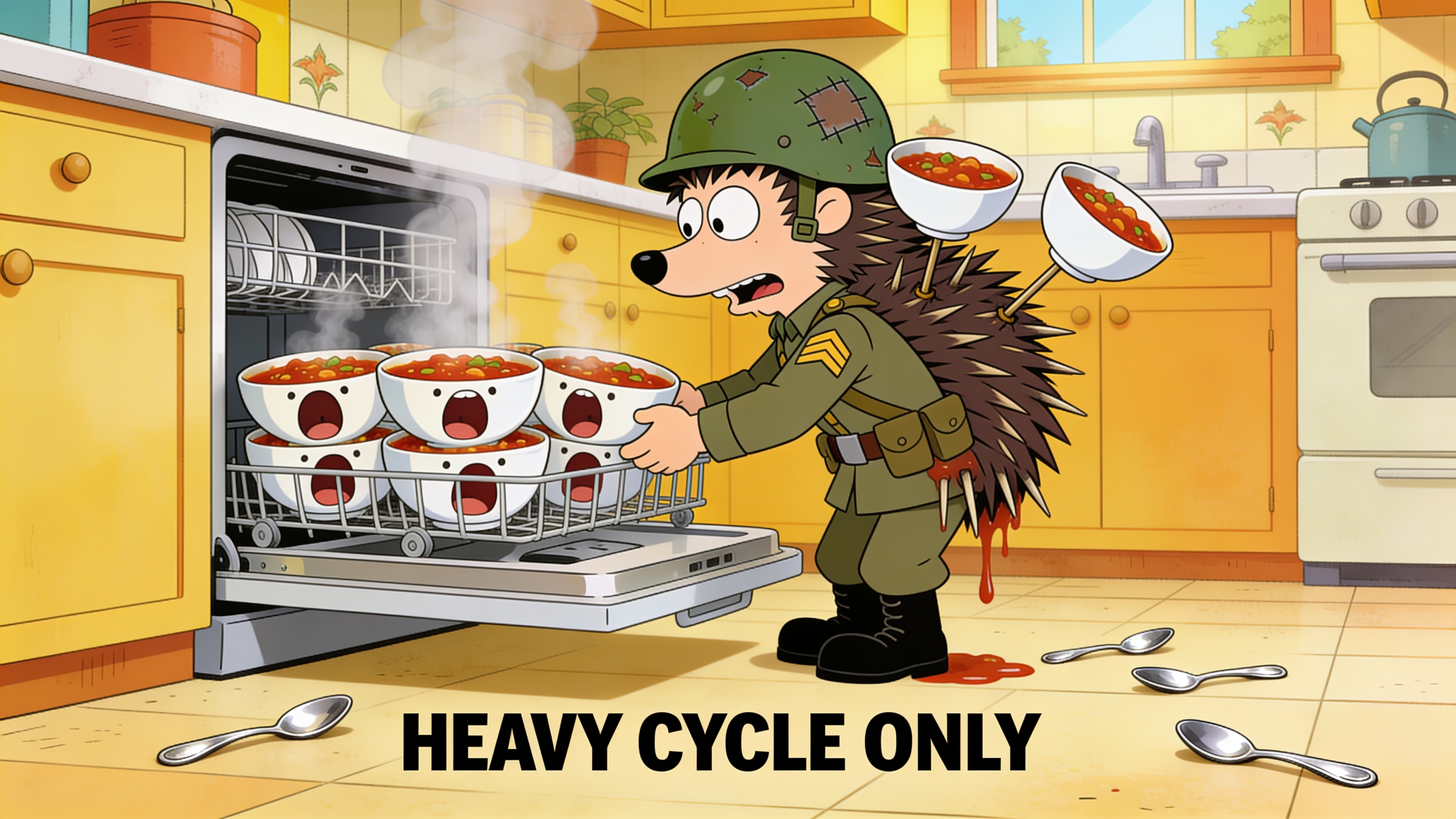 MDPM69 loading screaming bowls into the dishwasher. Heavy cycle only.