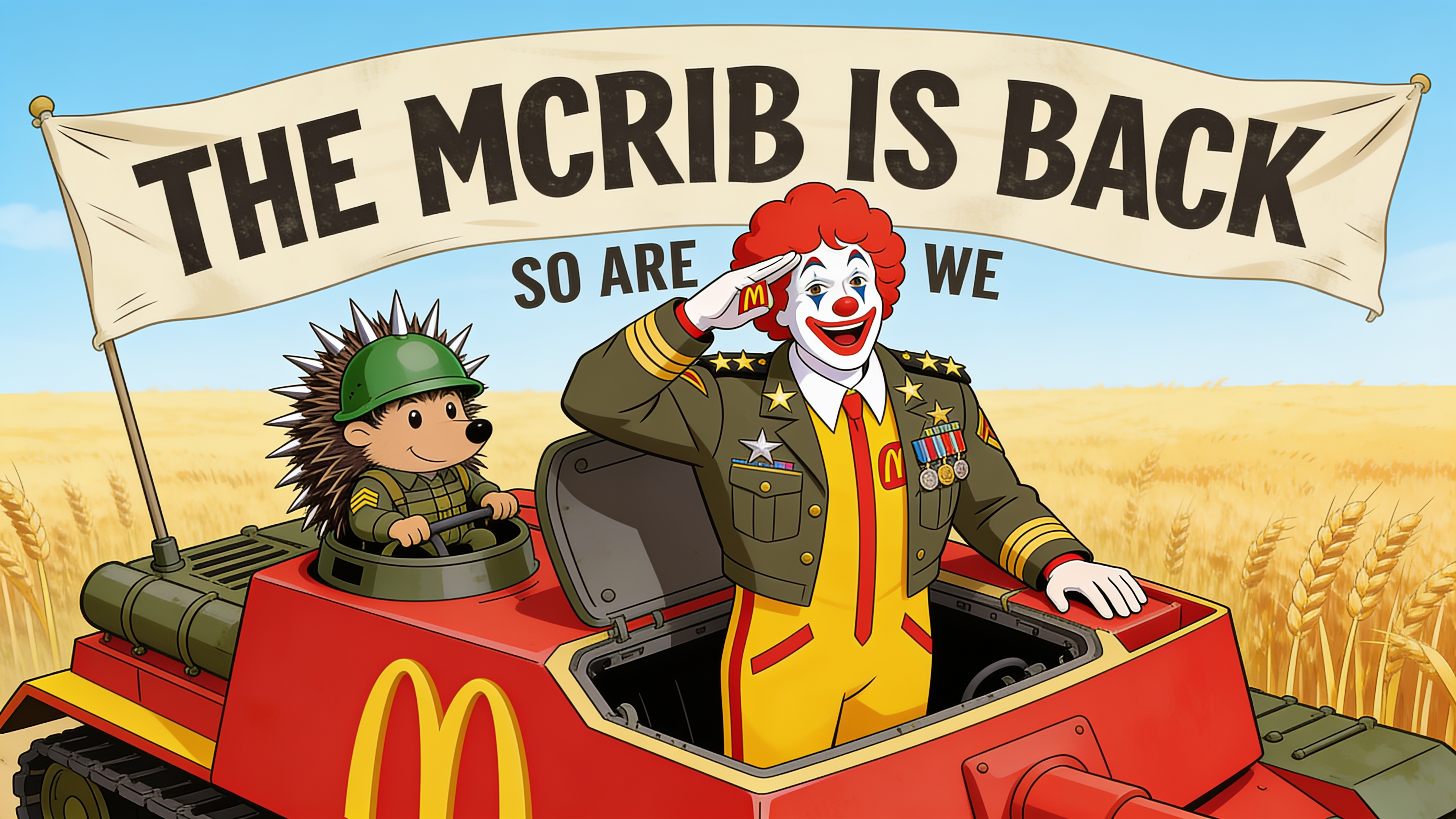 President Ronald McDonald in a Happy Meal tank. The McRib is back. So are we.