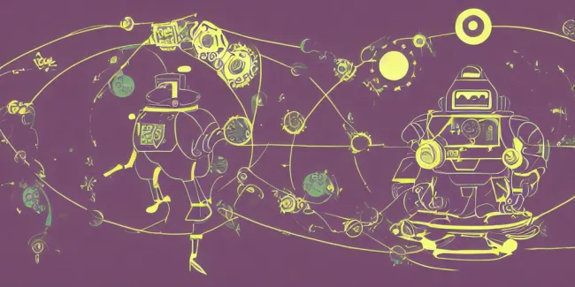 "A solarpunk robot dreaming about lambda symbols and sets and functional programming" via Stable Diffusion