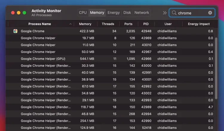 Screenshot of Activity Monitor on Mac showing Chrome running on several processes