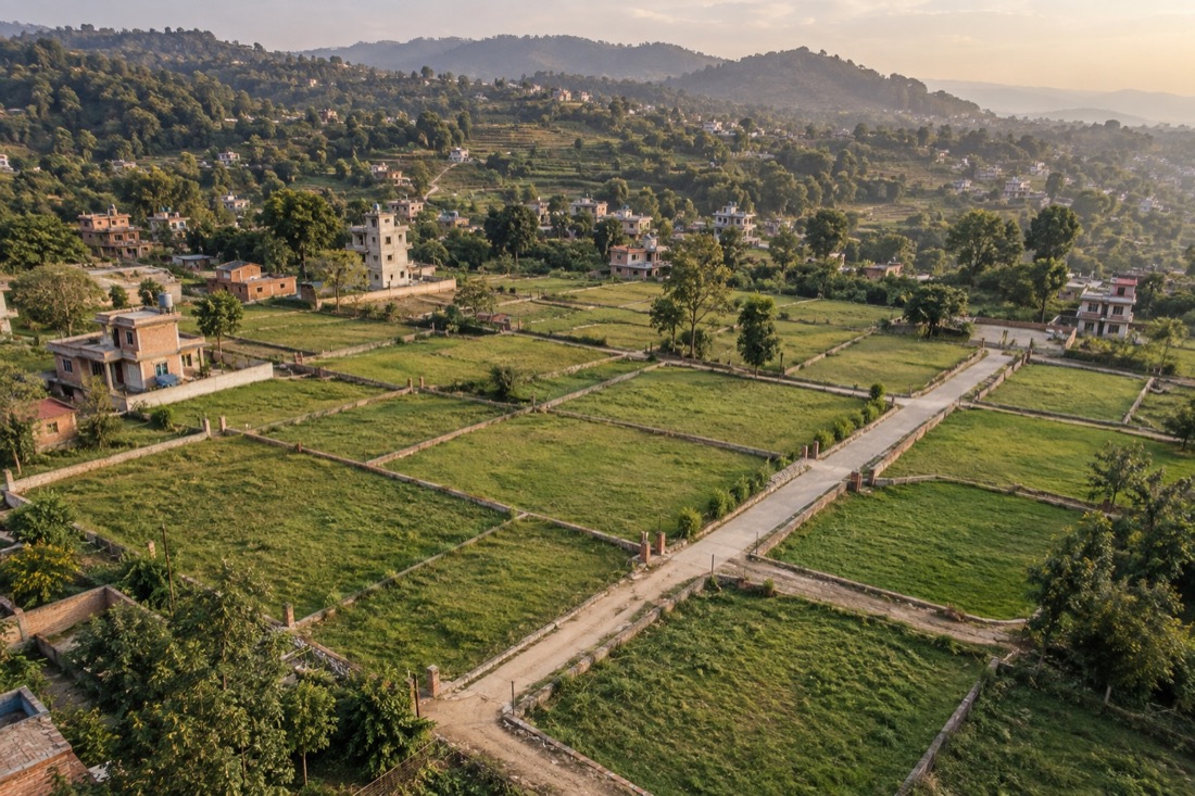 Illustrative aerial view of green residential plots with access roads in a Nepalese valley
