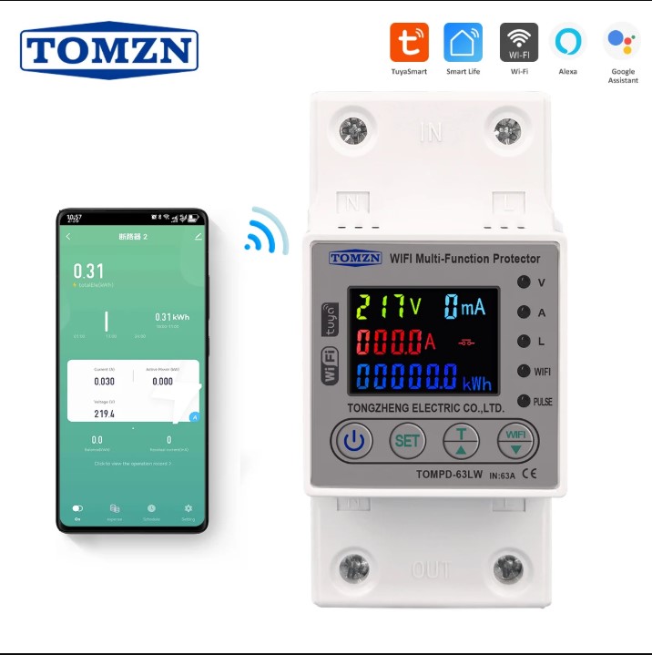 TOMZN 63A Tuya WiFi Smart Circuit Breaker – Voltage Protector with Earth Leakage & Real-Time Power Monitoring