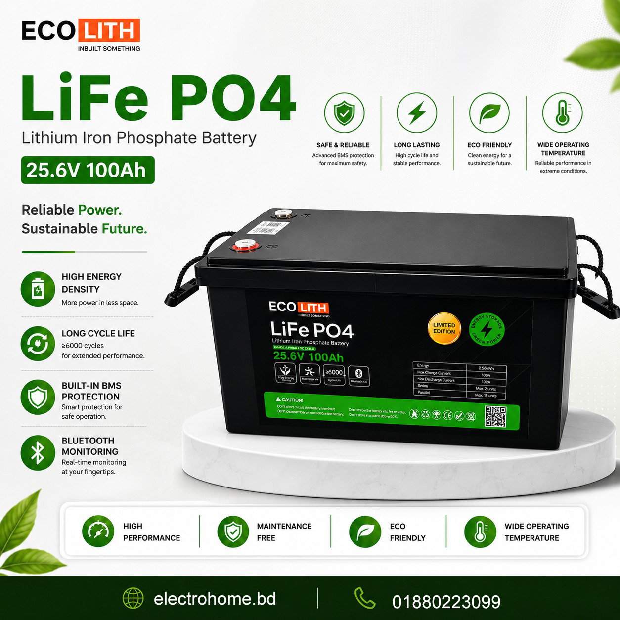 ECOLITH 25.6V 100Ah LiFePO4 Lithium Iron Phosphate Battery 2560Wh – Deep Cycle Battery for Solar, IPS & Inverter