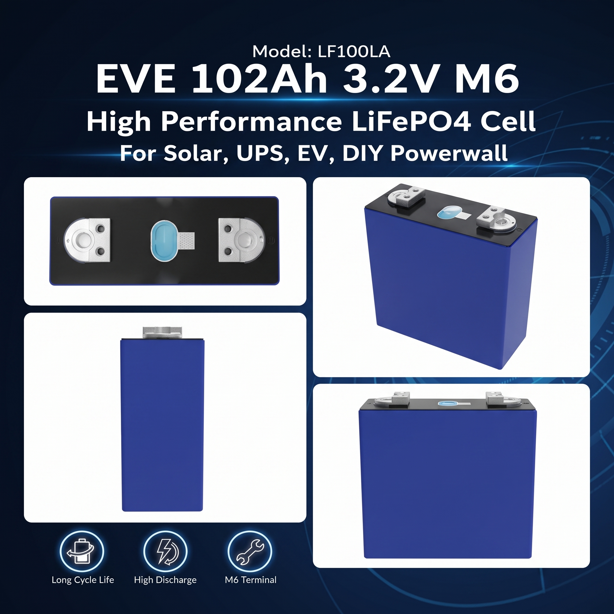 EVE LF100LA 102Ah M6 (NEW A+ Grade) Lithium Iron Phosphate LiFePO4 Battery 3.2V 5000 Cycles
