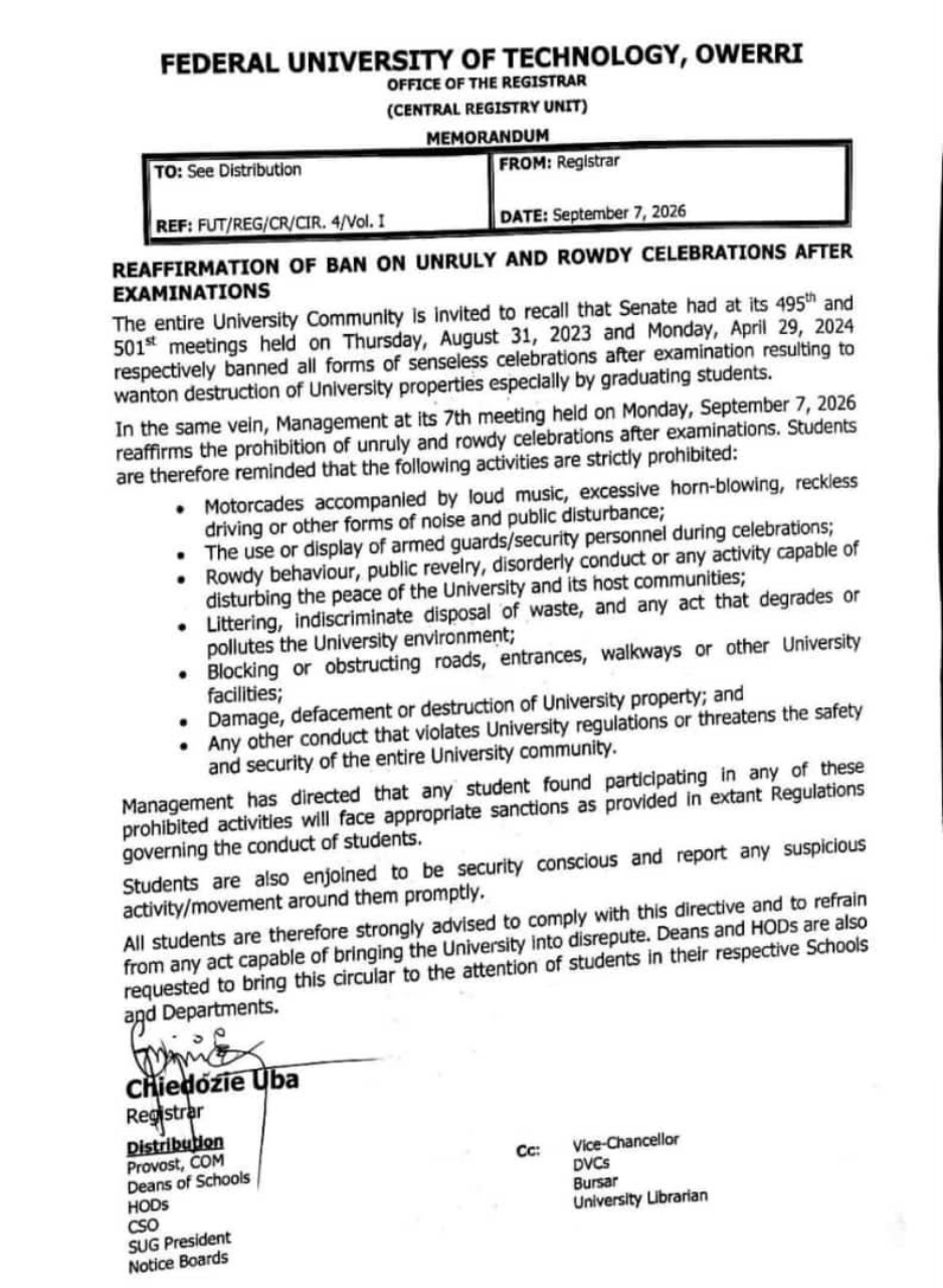 FUTO Management circular reaffirming the ban on unruly and rowdy celebrations after examinations