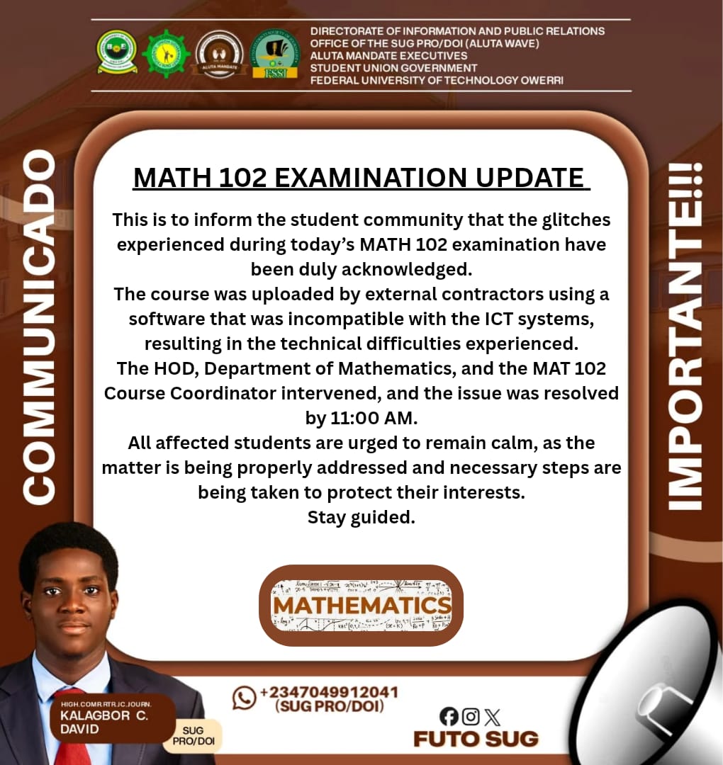 FUTO SUG MATH 102 examination update notice