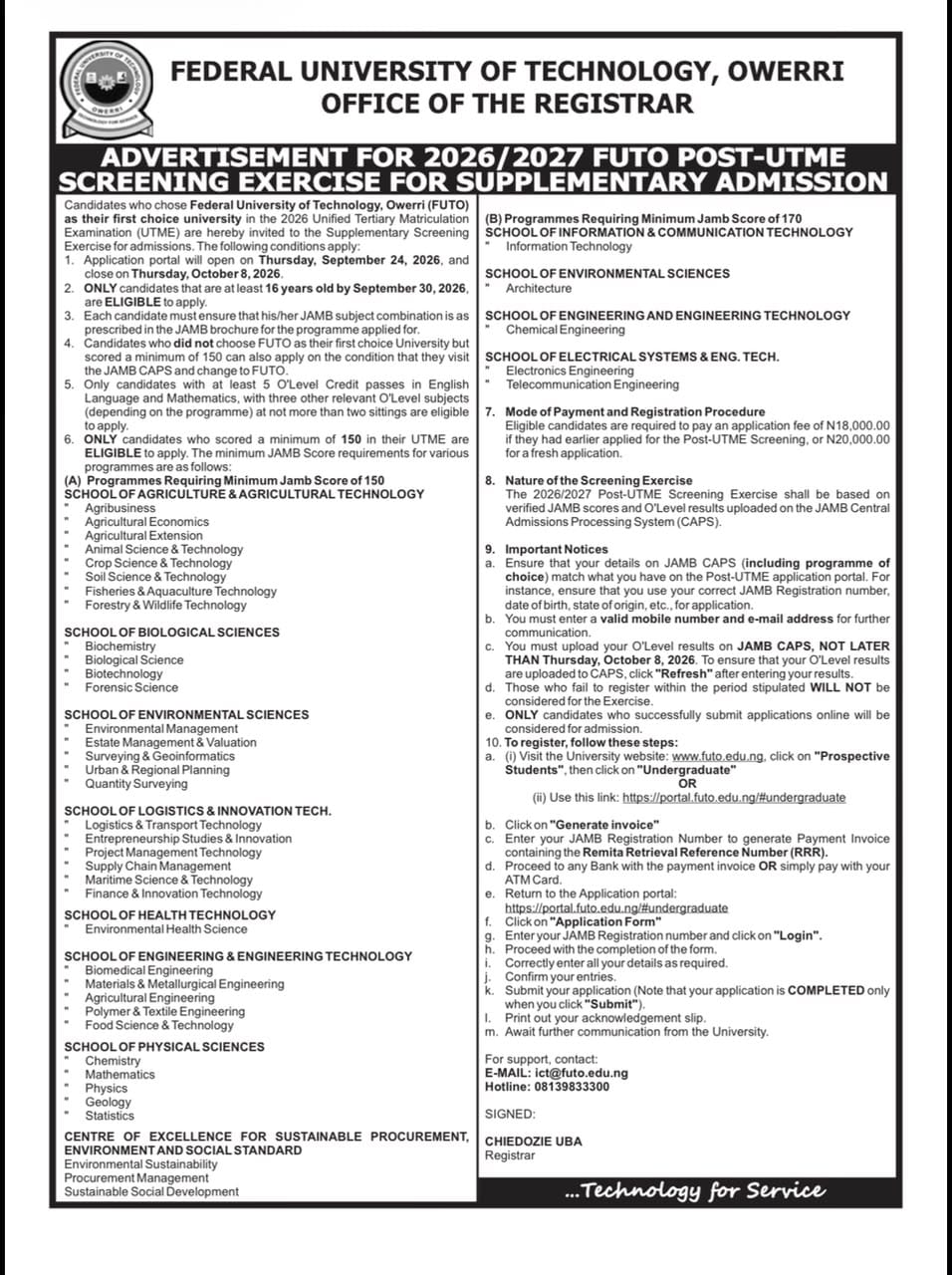 FUTO 2026/2027 Post-UTME supplementary screening advertisement