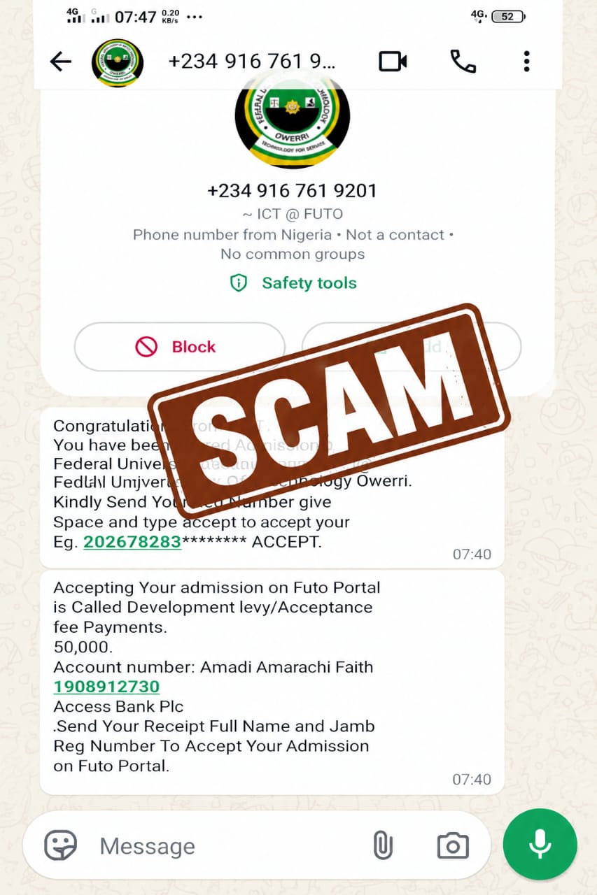 FUTO security alert on scam activities targeting students and aspirants