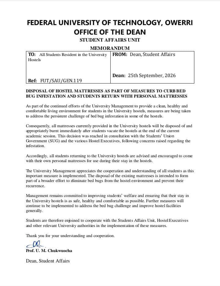 FUTO Student Affairs memo on hostel mattress disposal and bed bug eradication