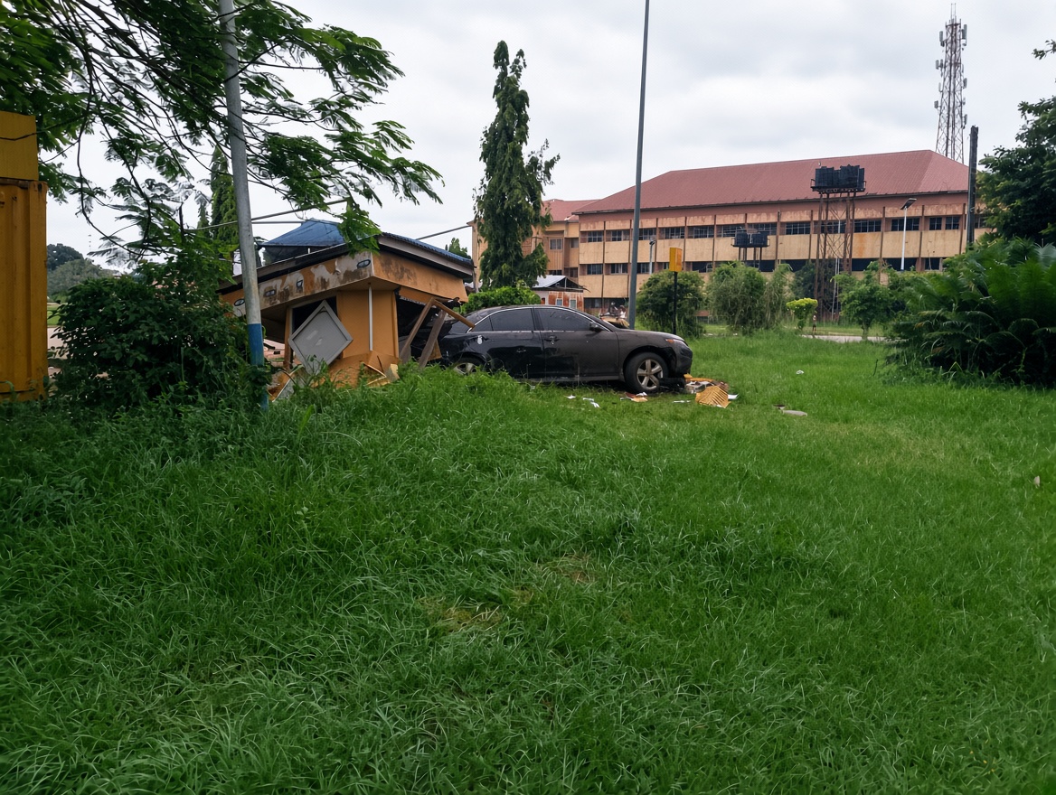 Car crashed into an unused MTN stall structure at FUTO Roundabout
