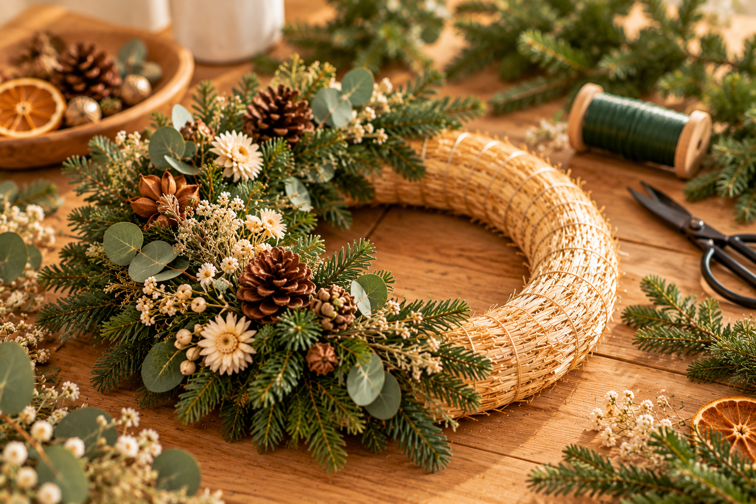 DIY Strohkranz mit Tannenreisig und Naturmaterialien