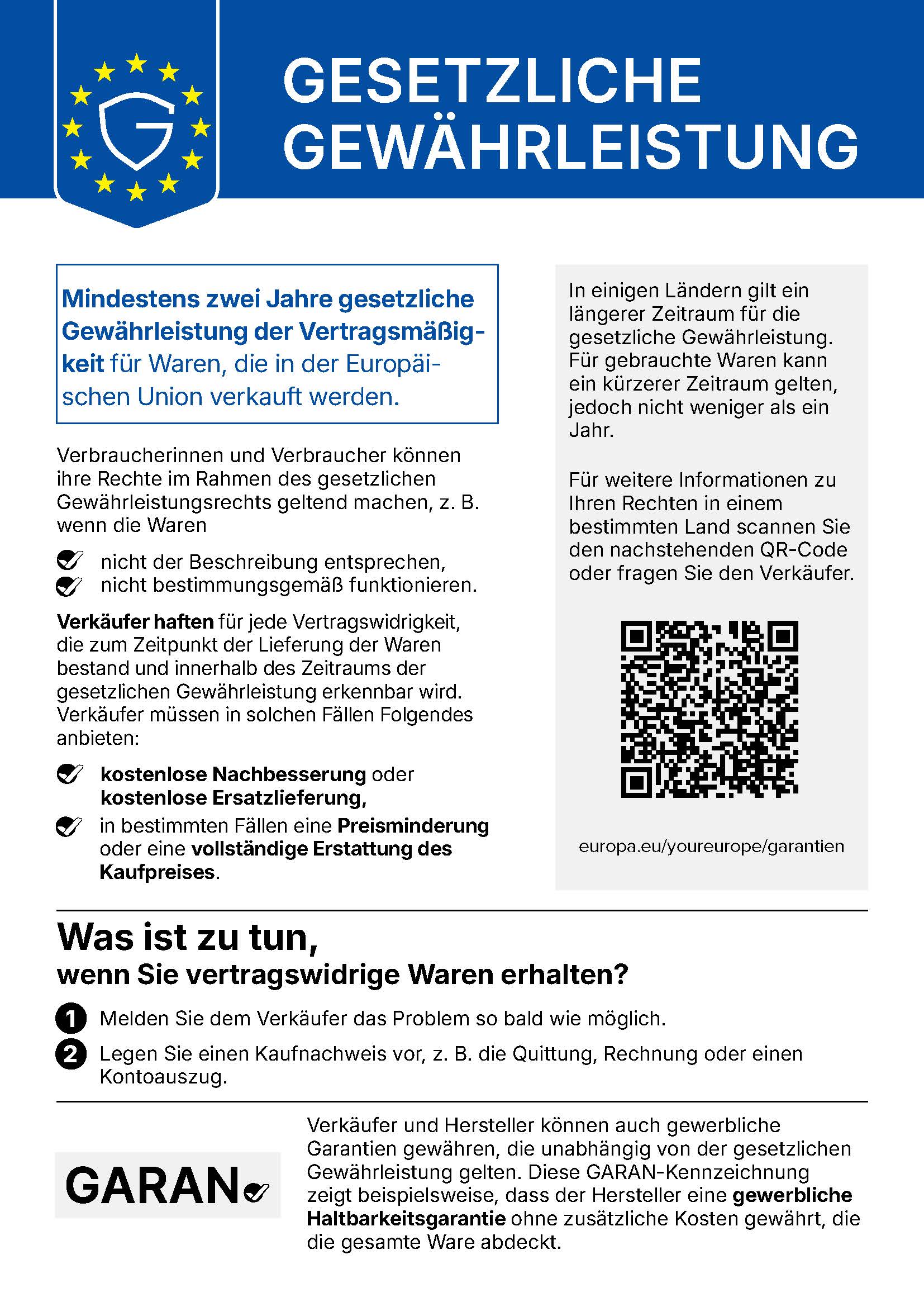 EU-Gewährleistungslabel: Gesetzliche Gewährleistung für Verbraucher