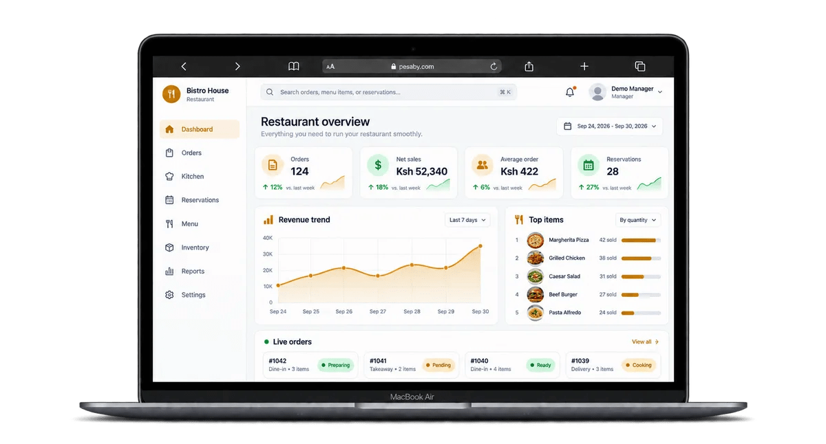 Pesaby POS for restaurants, pharmacies, hardware and liquor stores displayed on a laptop