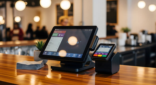 Restaurant POS touchscreen and card terminal on a cafe counter
