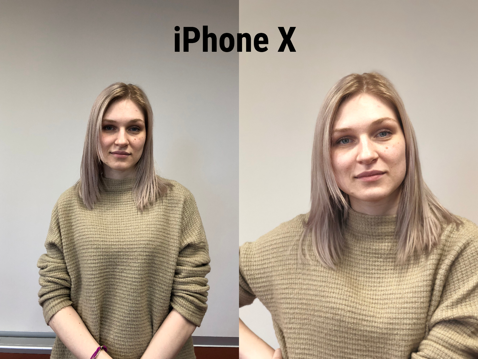 Две фотографии девушки со светлыми волосами в светлом свитере