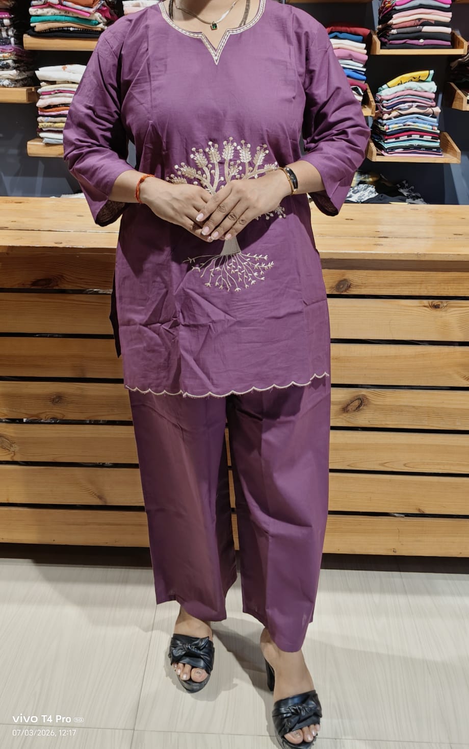 Women Cotton Tree Embroidery Short Kurti with Pant Set