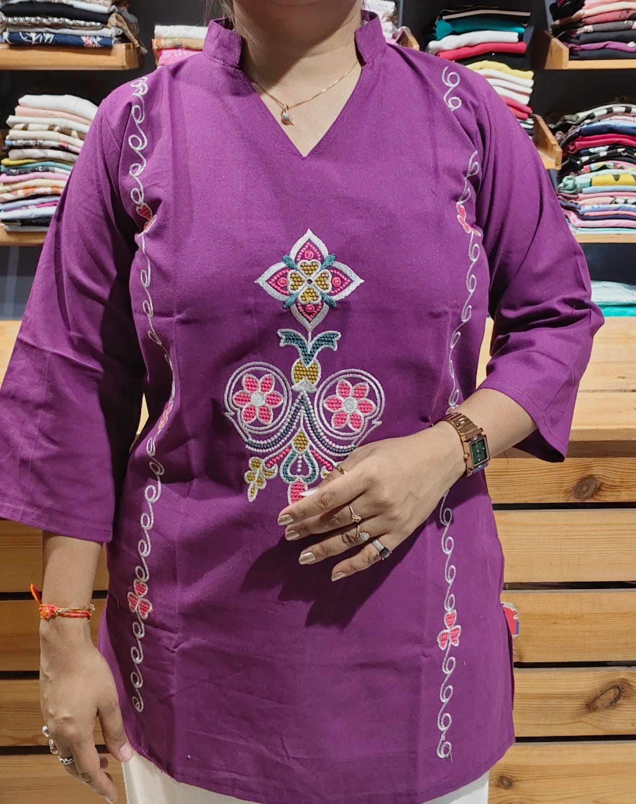 Trendy V-Neck Floral Embroidered Cotton Short Kurta