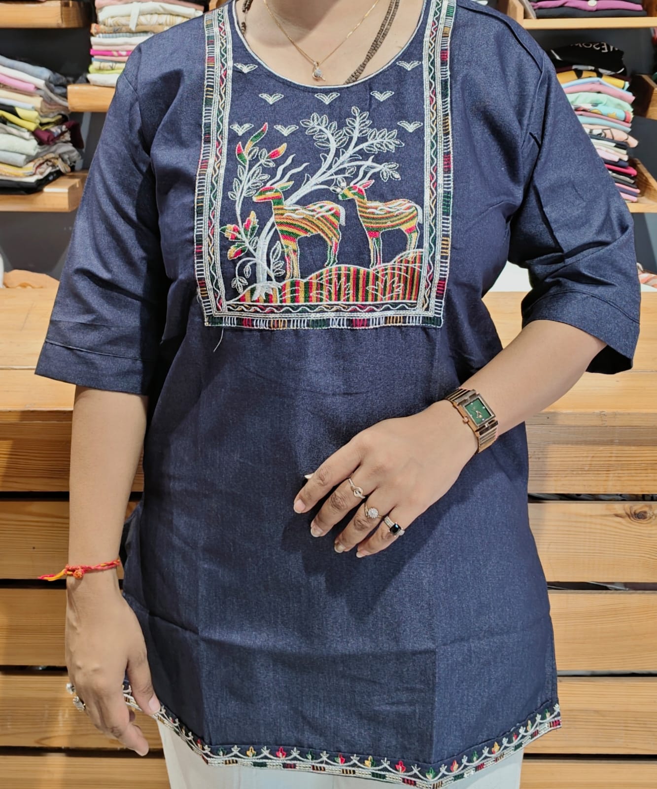 Women Cotton Denim Look Short Kurti Top with Embroidery Work (Assorted Designs)