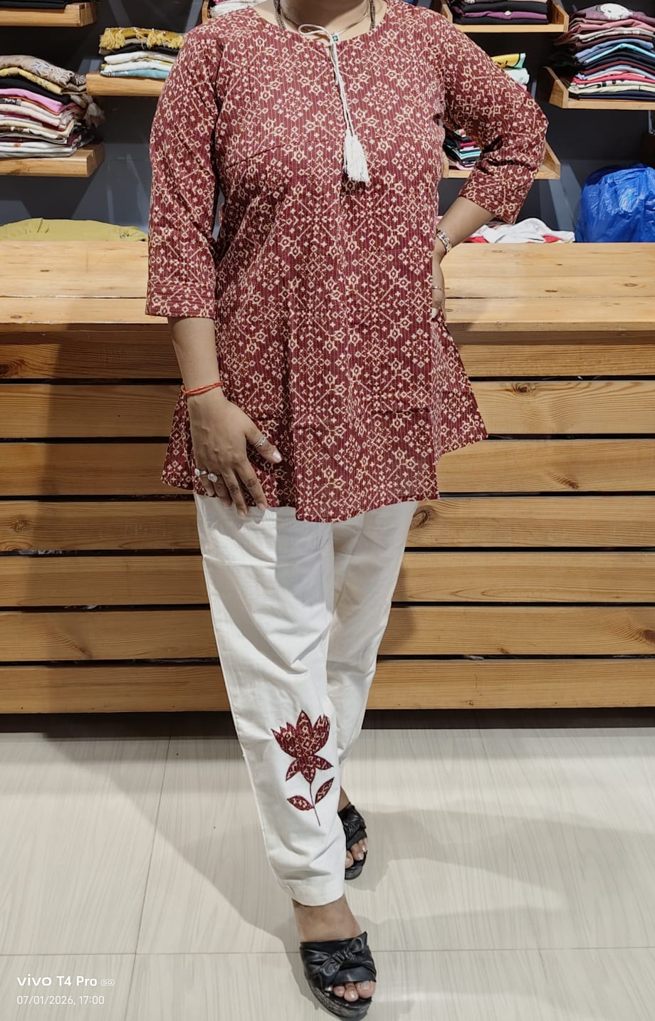 Women Cotton Printed Short Kurti with Embroidered Pant Set