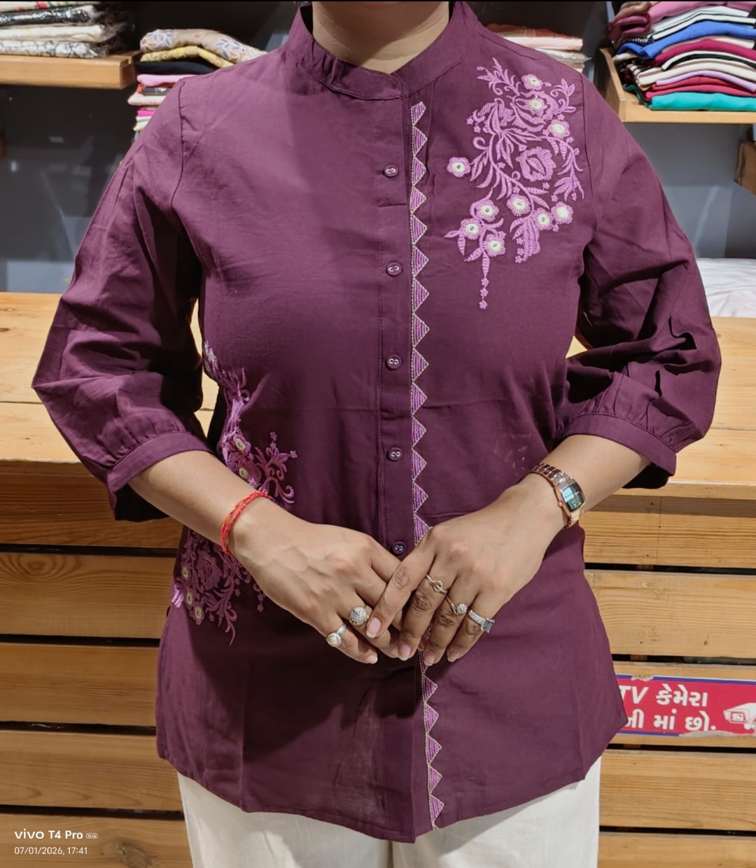 Women Cotton Ethnic Short Kurti Top with Mandarin Collar & Lace Detailing