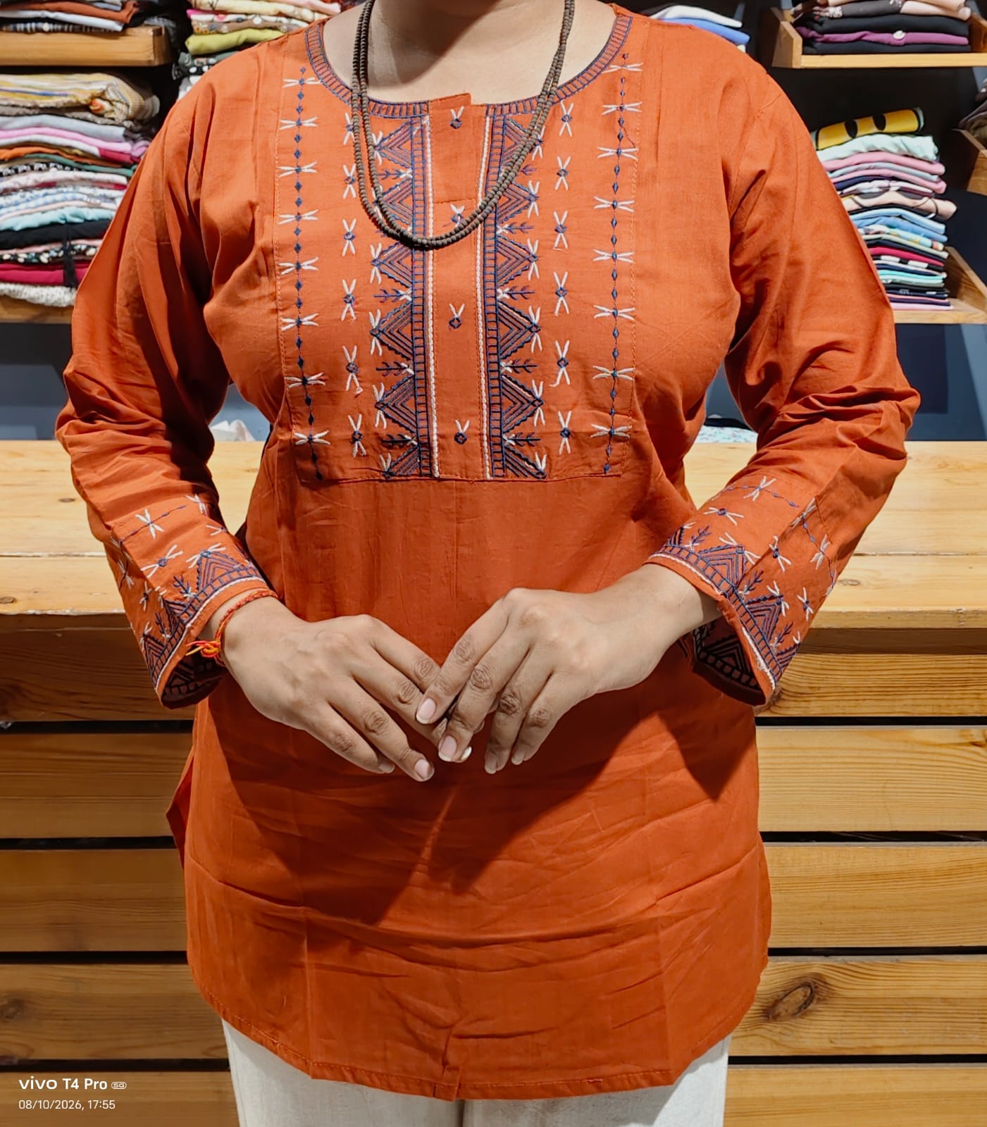 Women Geometric Embroidered Cotton Short Kurta Top